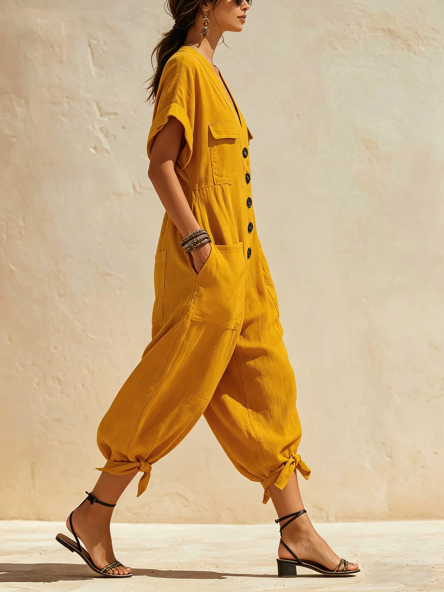 Linen-Blend Yellow Jumpsuit | Button-Front Harem Pants With Pockets