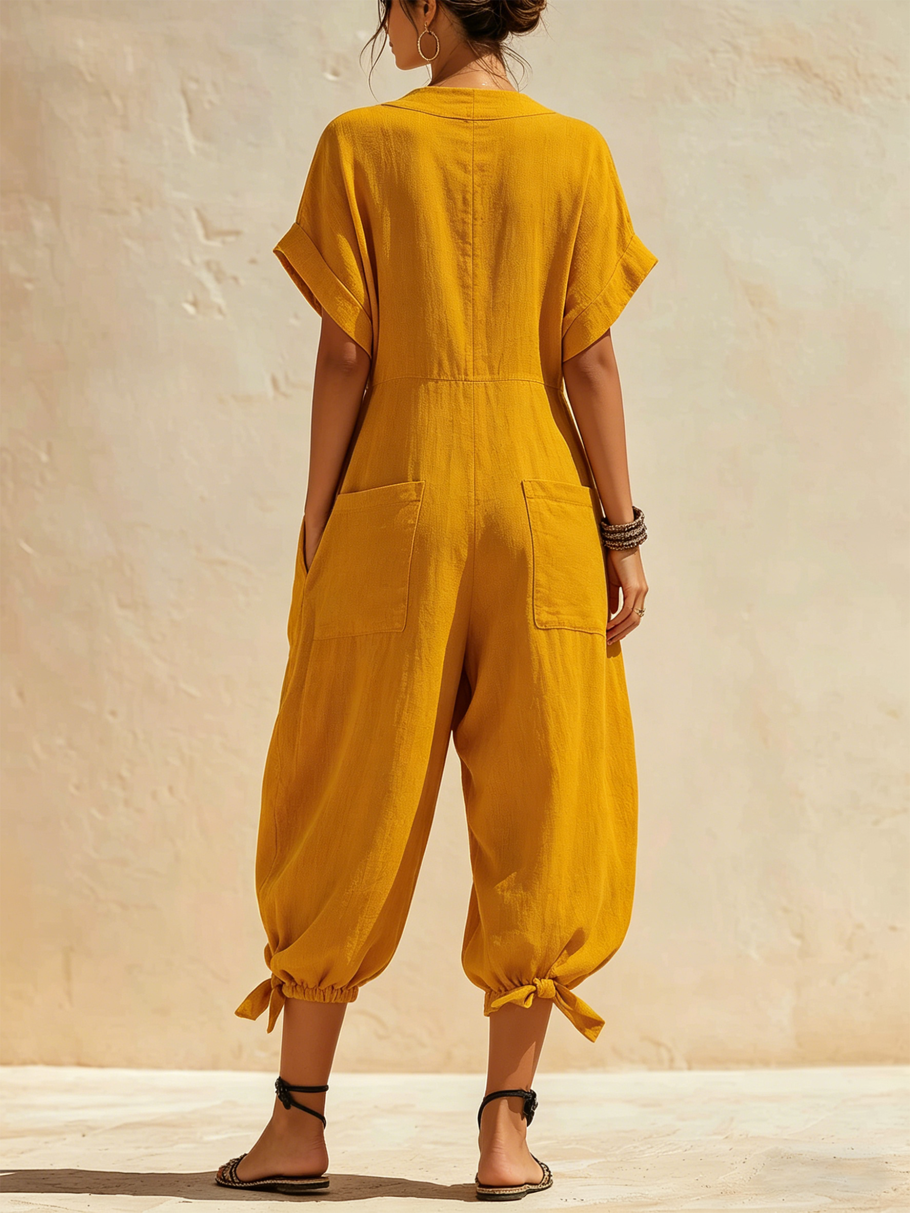 Linen-Blend Yellow Jumpsuit | Button-Front Harem Pants With Pockets