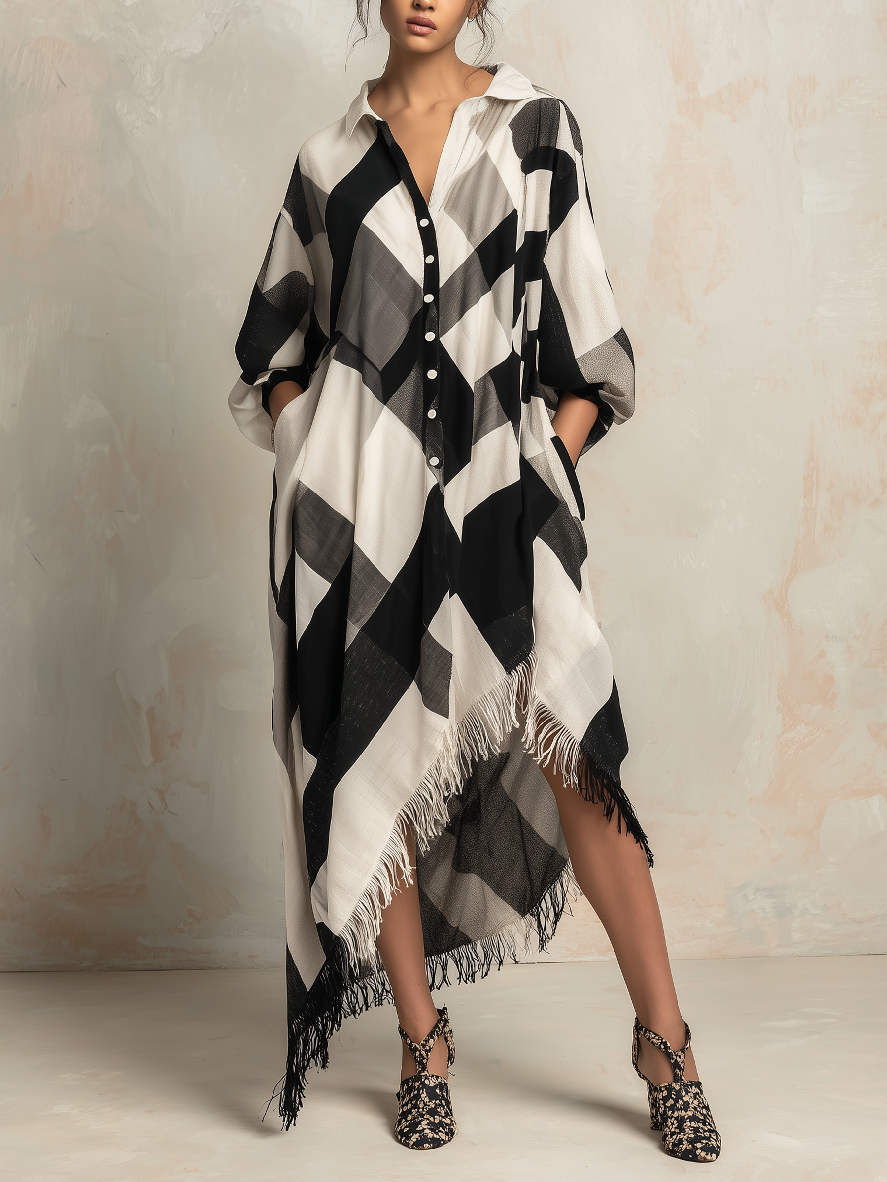 Oversized Geometric Print Fringe Shirt Dress