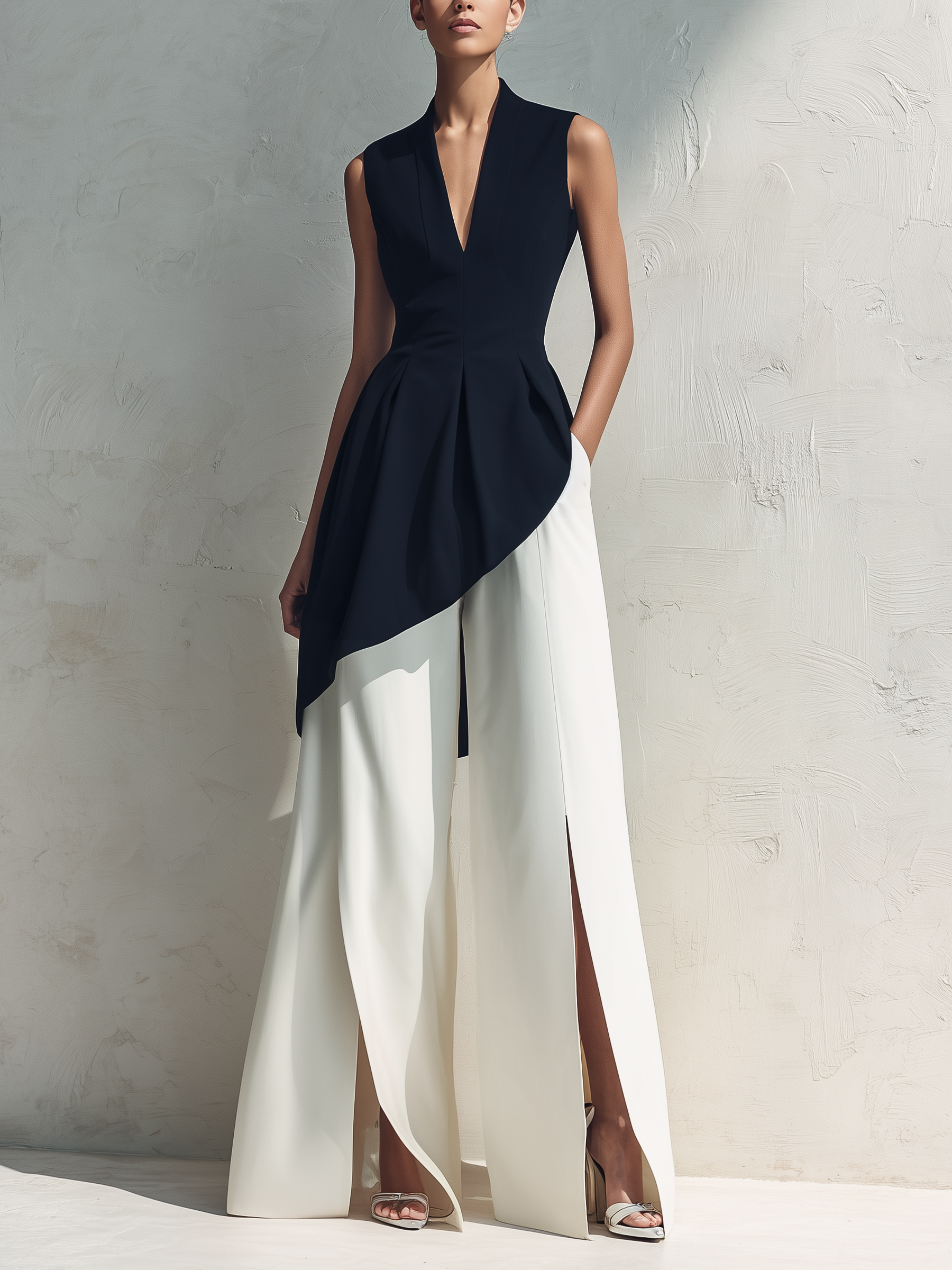 Black & White Asymmetric Peplum Top & Slit Wide-Leg Pants Set