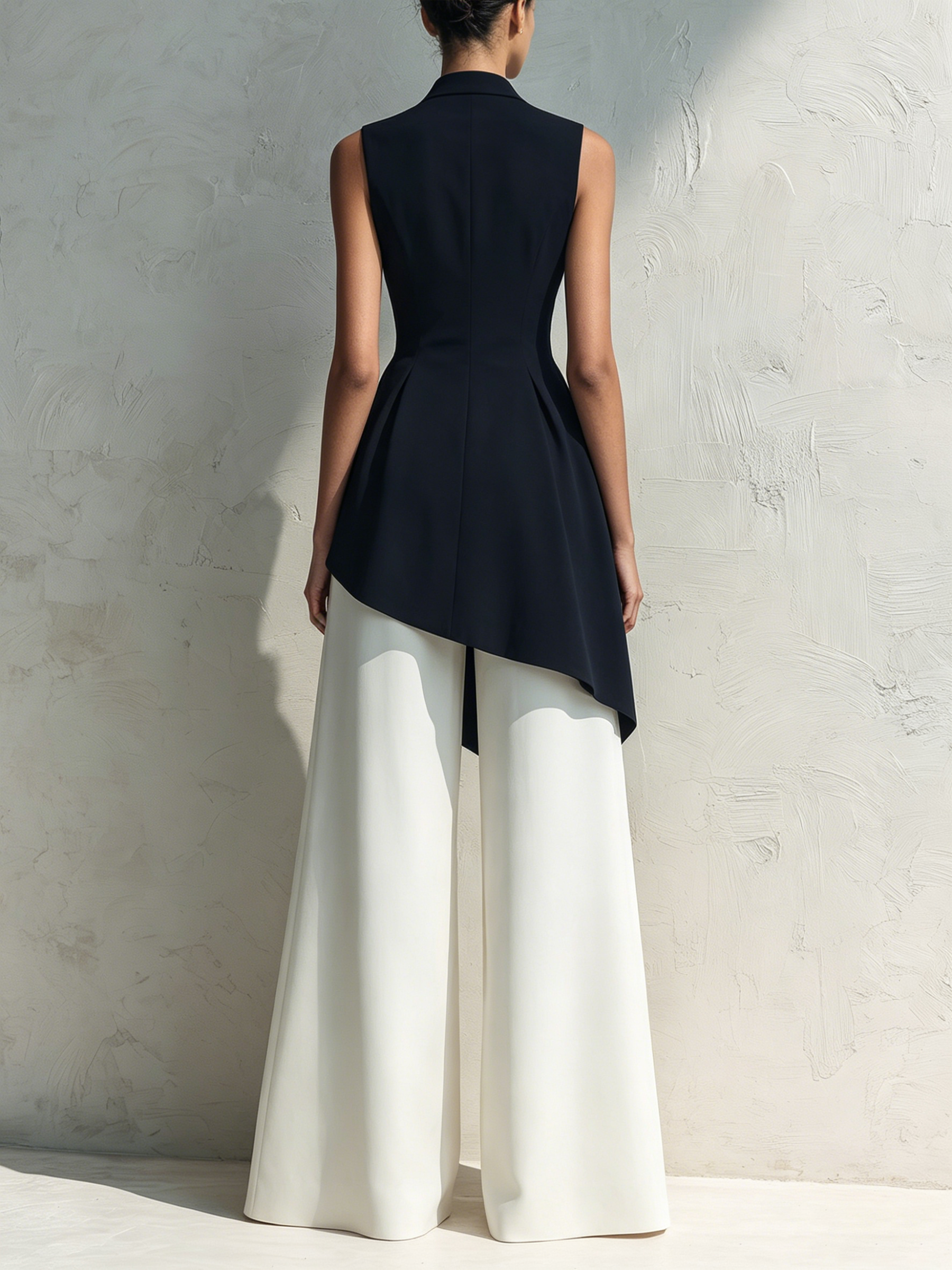 Black & White Asymmetric Peplum Top & Slit Wide-Leg Pants Set