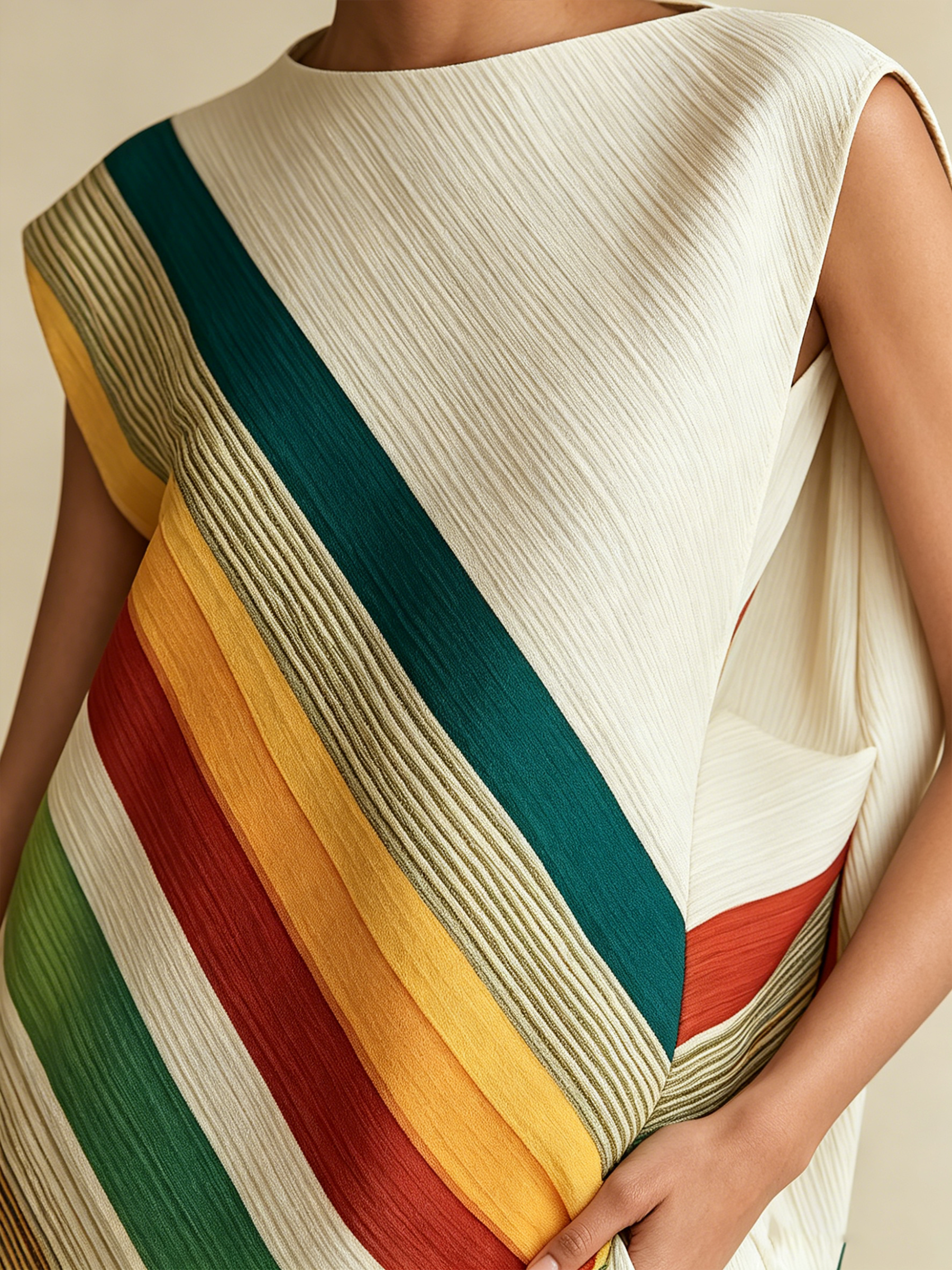 Pleated Diagonal Rainbow Stripe Sleeveless Top & Wide-Leg Pants Set