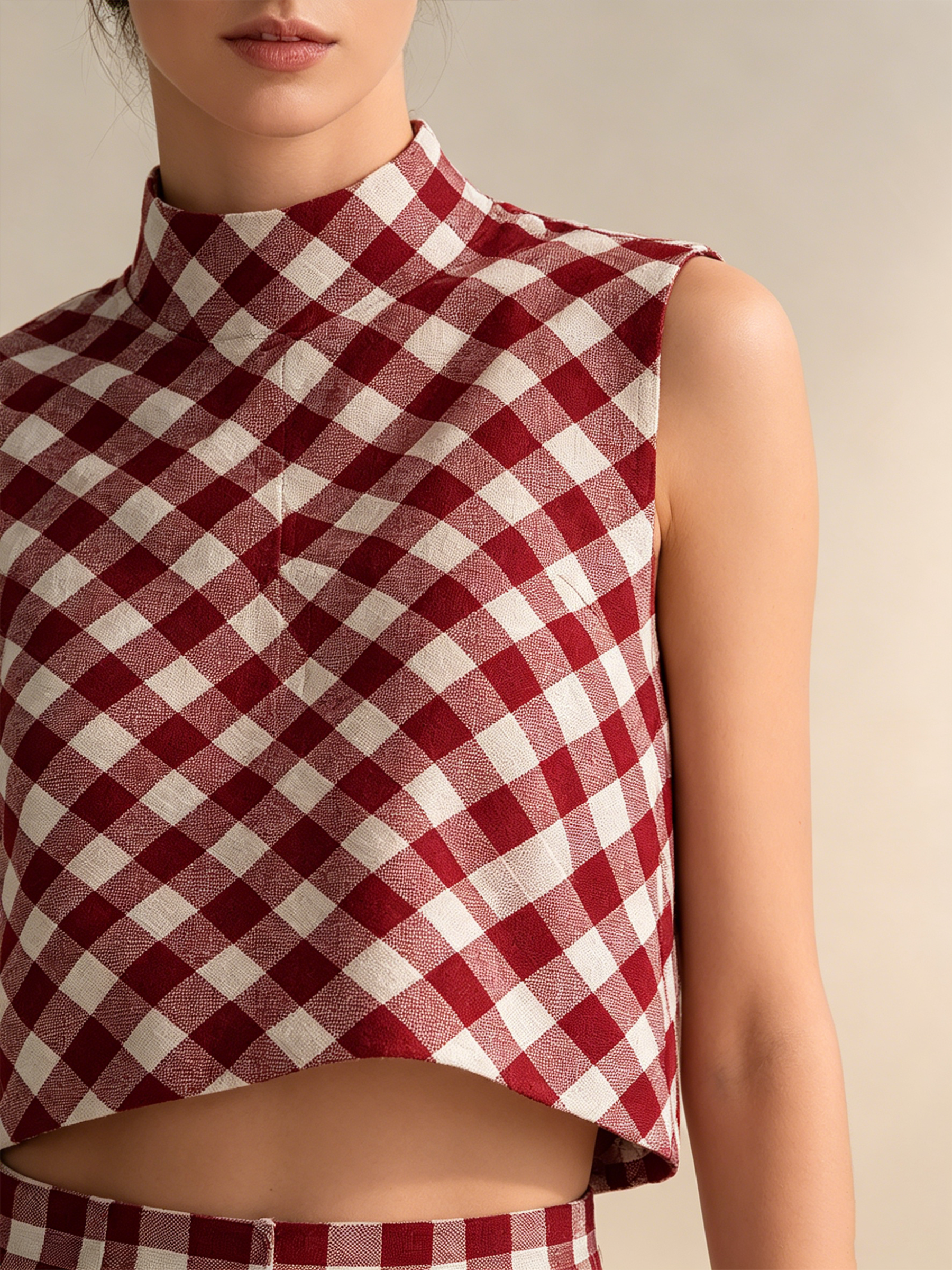 Red Gingham Sleeveless Crop Top & High-Waisted Wide-Leg Pants Set