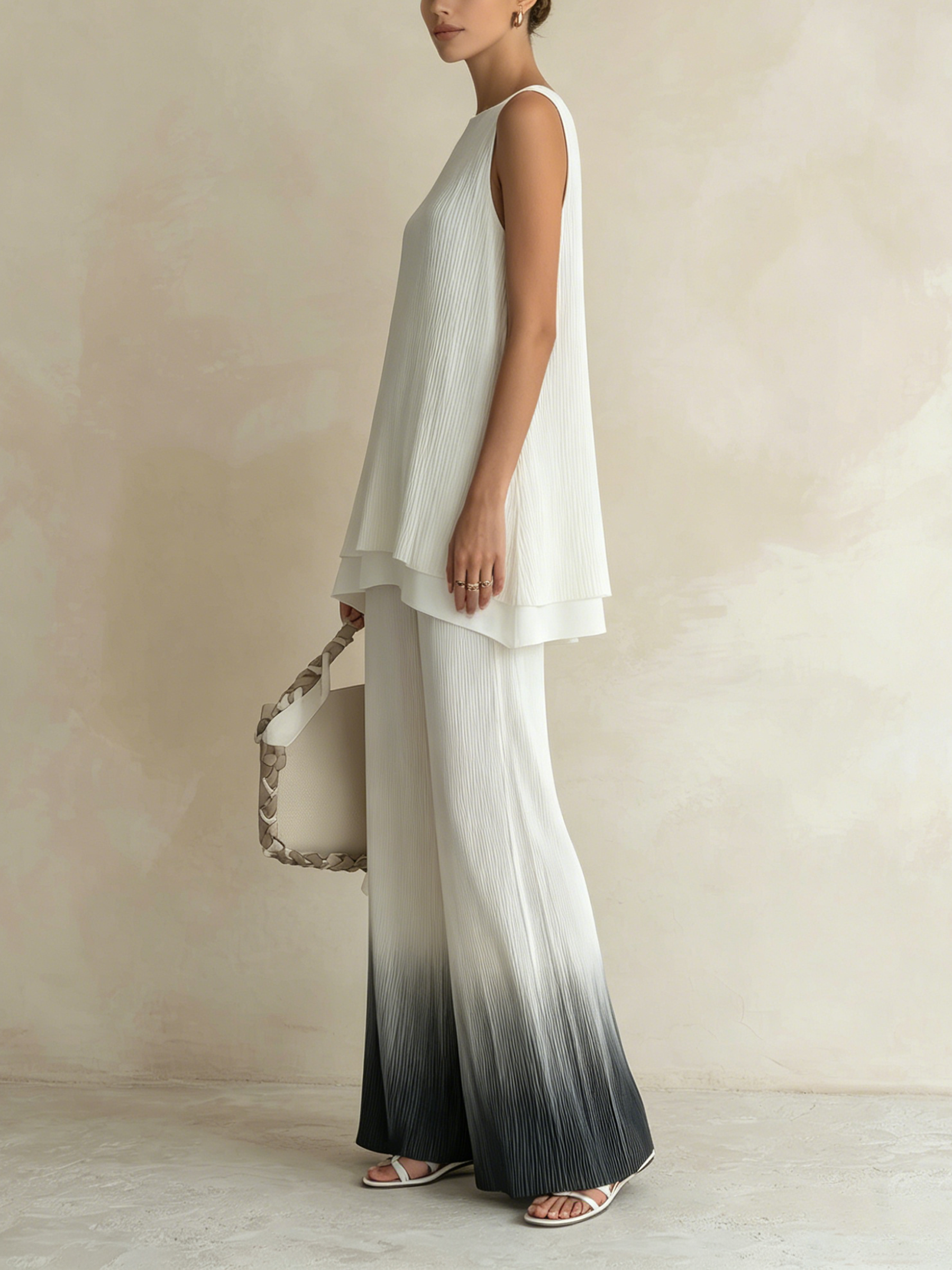 Pleated Sleeveless Tunic & Gradient Wide-Leg Pants Set | Flowy, Wrinkle-Resistant Co-Ord Set For Effortless Elegance