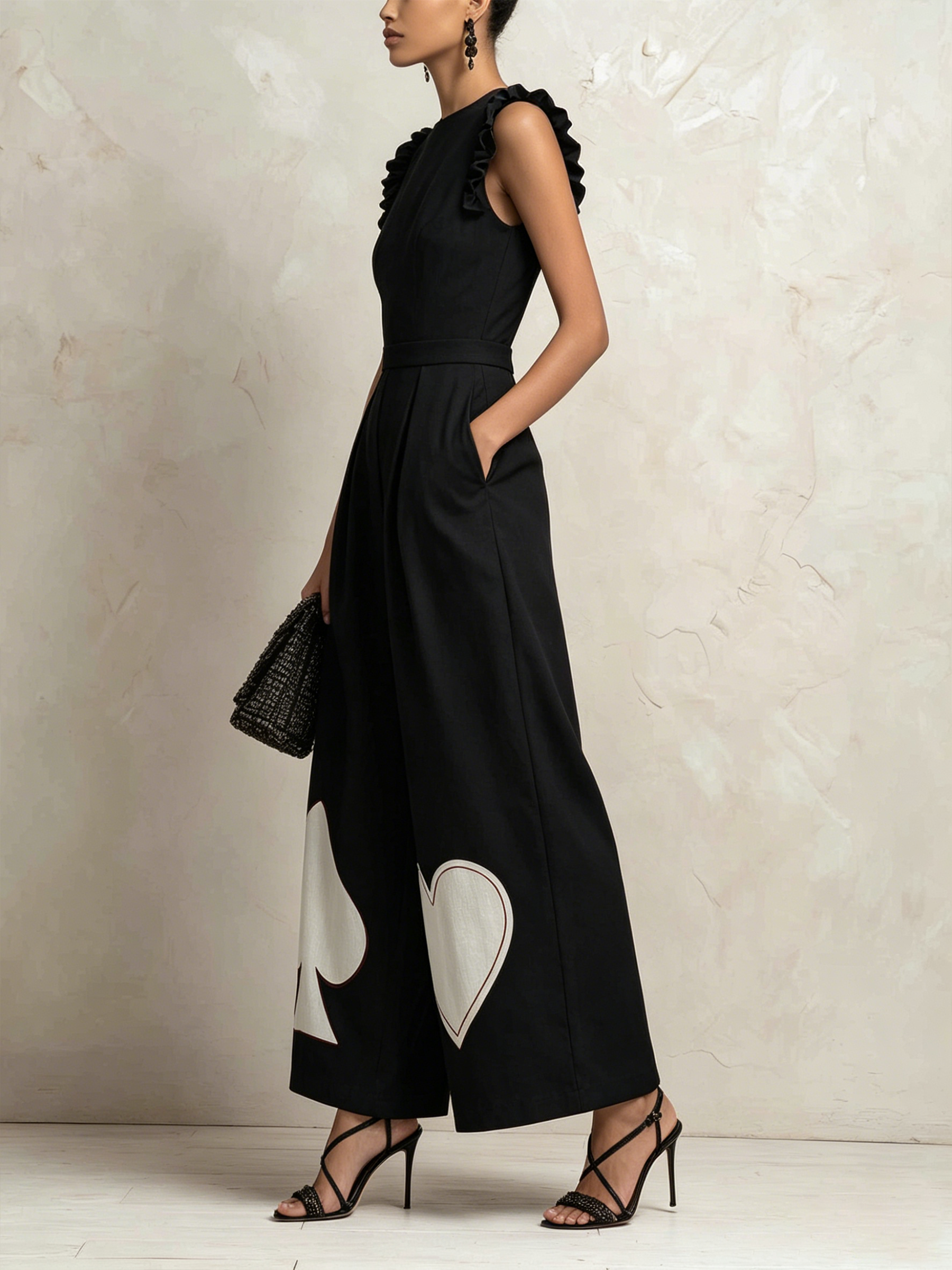 Ruffled Sleeve Playing Card Motif Wide-Leg Jumpsuit