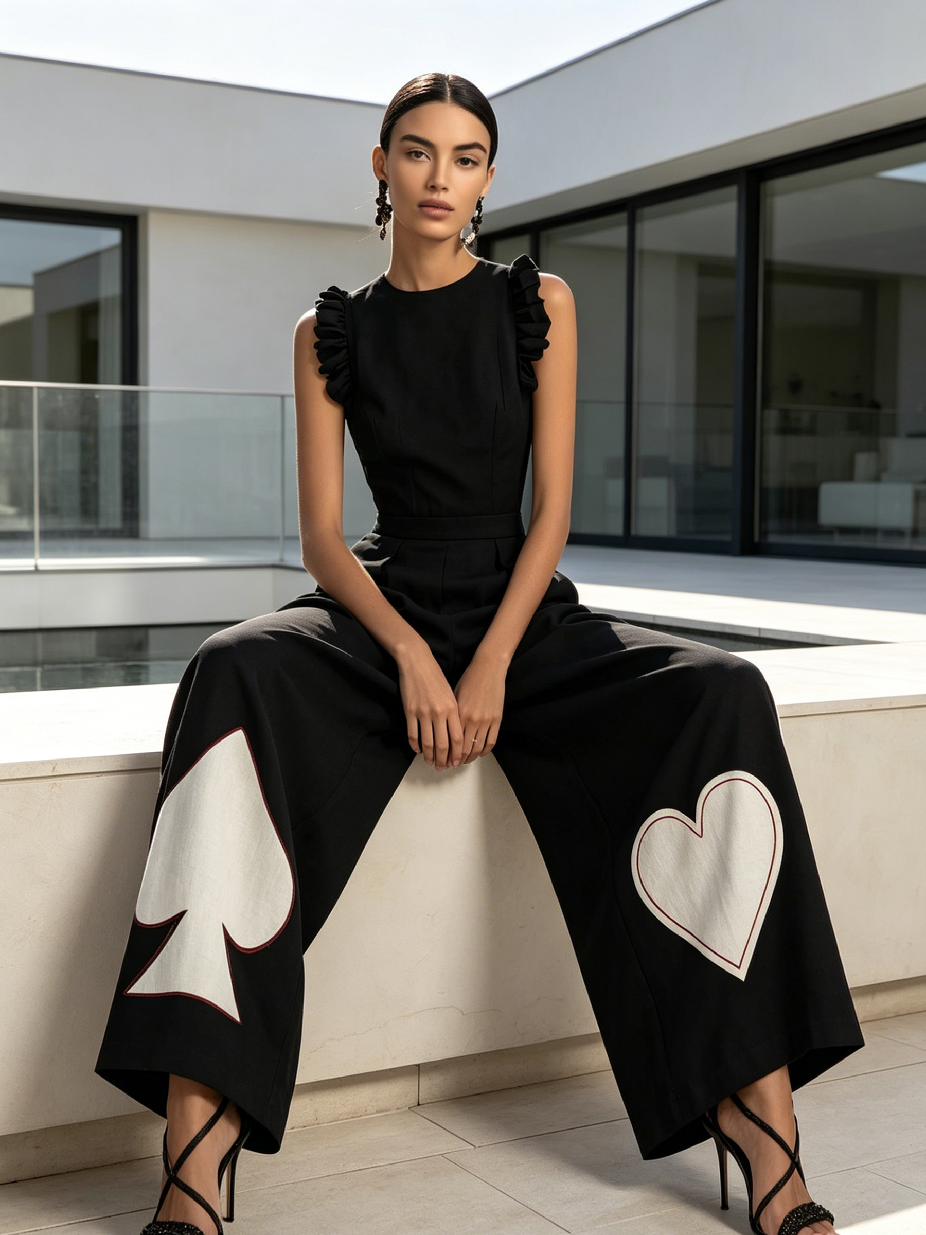 Ruffled Sleeve Playing Card Motif Wide-Leg Jumpsuit