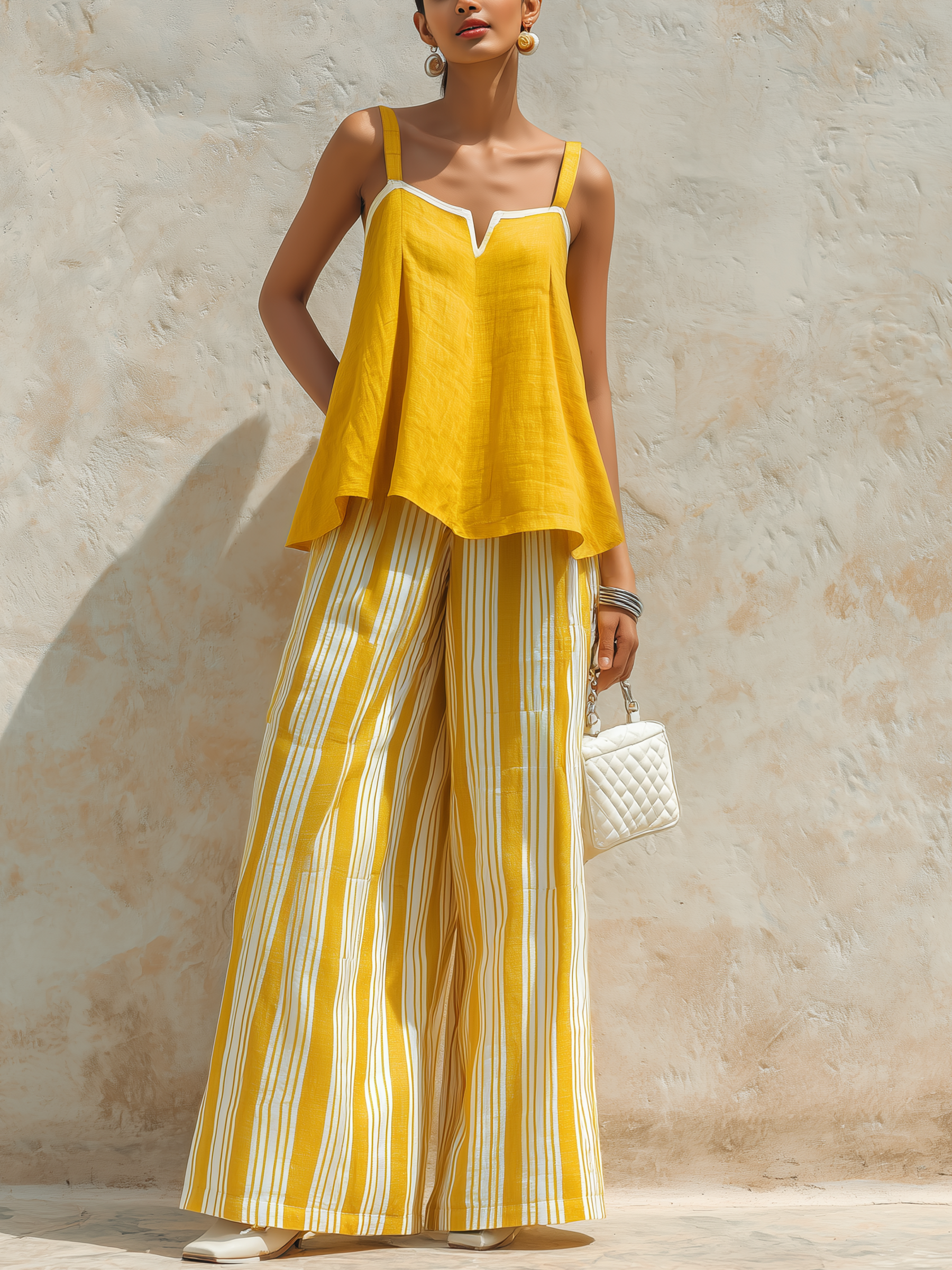 Yellow Linen-Blend Cami Top & Striped Wide-Leg Pants Two-Piece Set