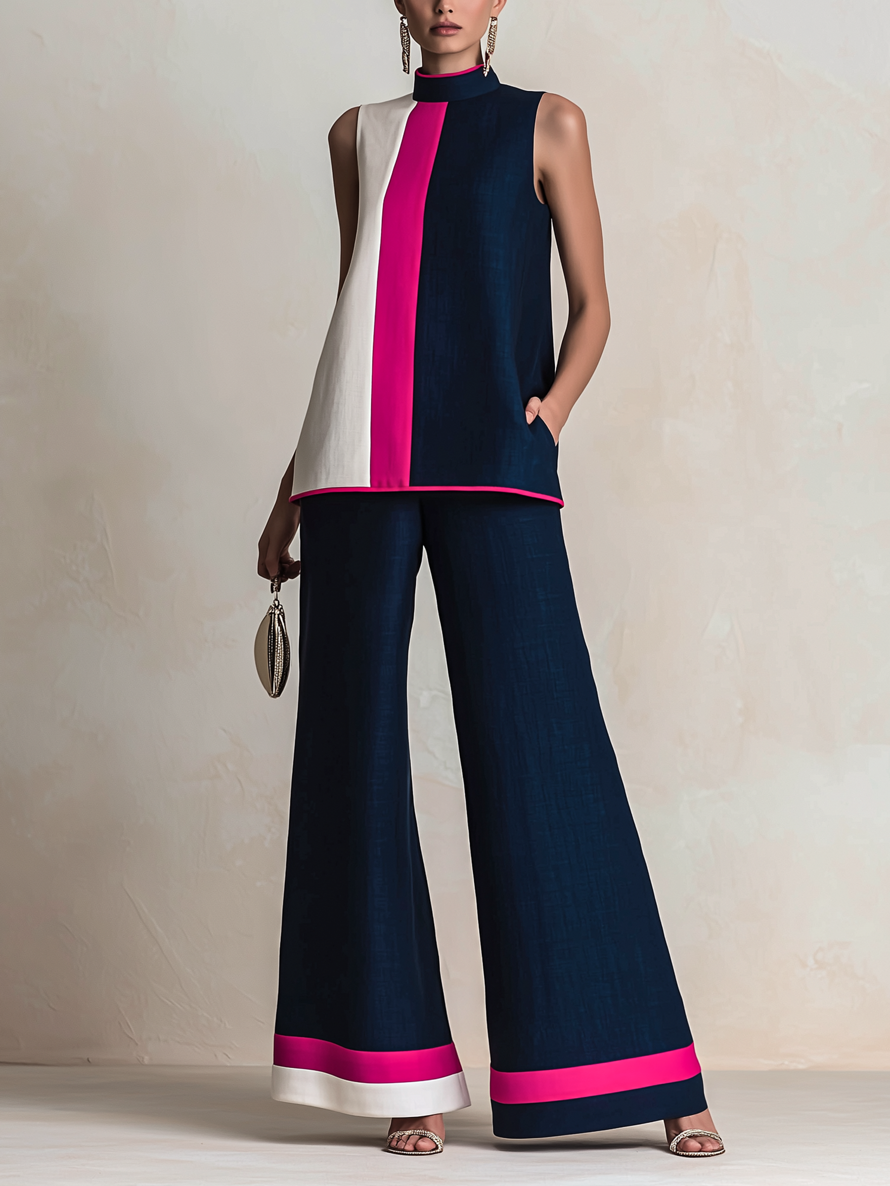 Color Block High-Neck Sleeveless Top & Wide-Leg Pants Set