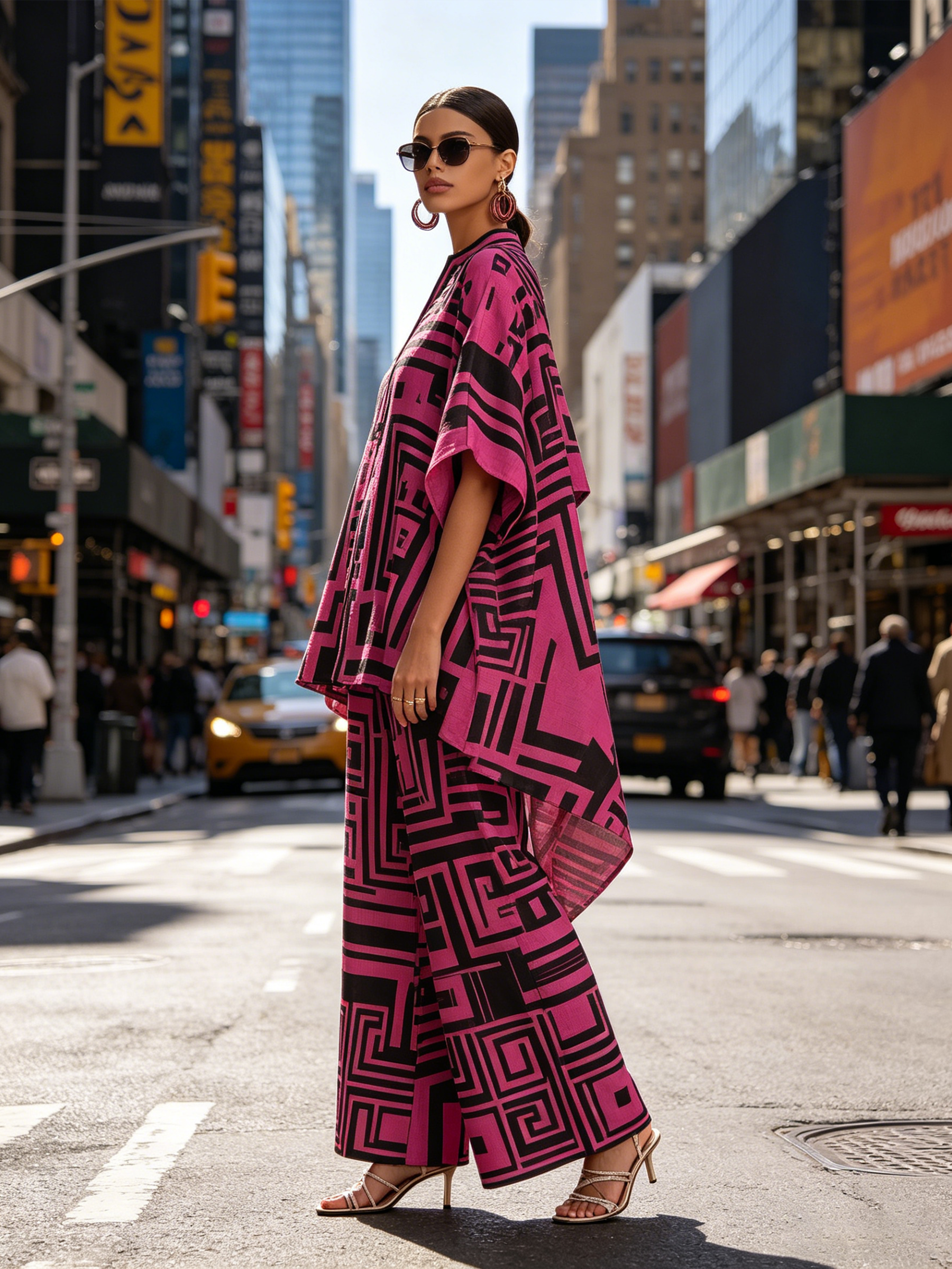 Bold Geometric Print Flowy Kaftan Top & Wide-Leg Pants Set