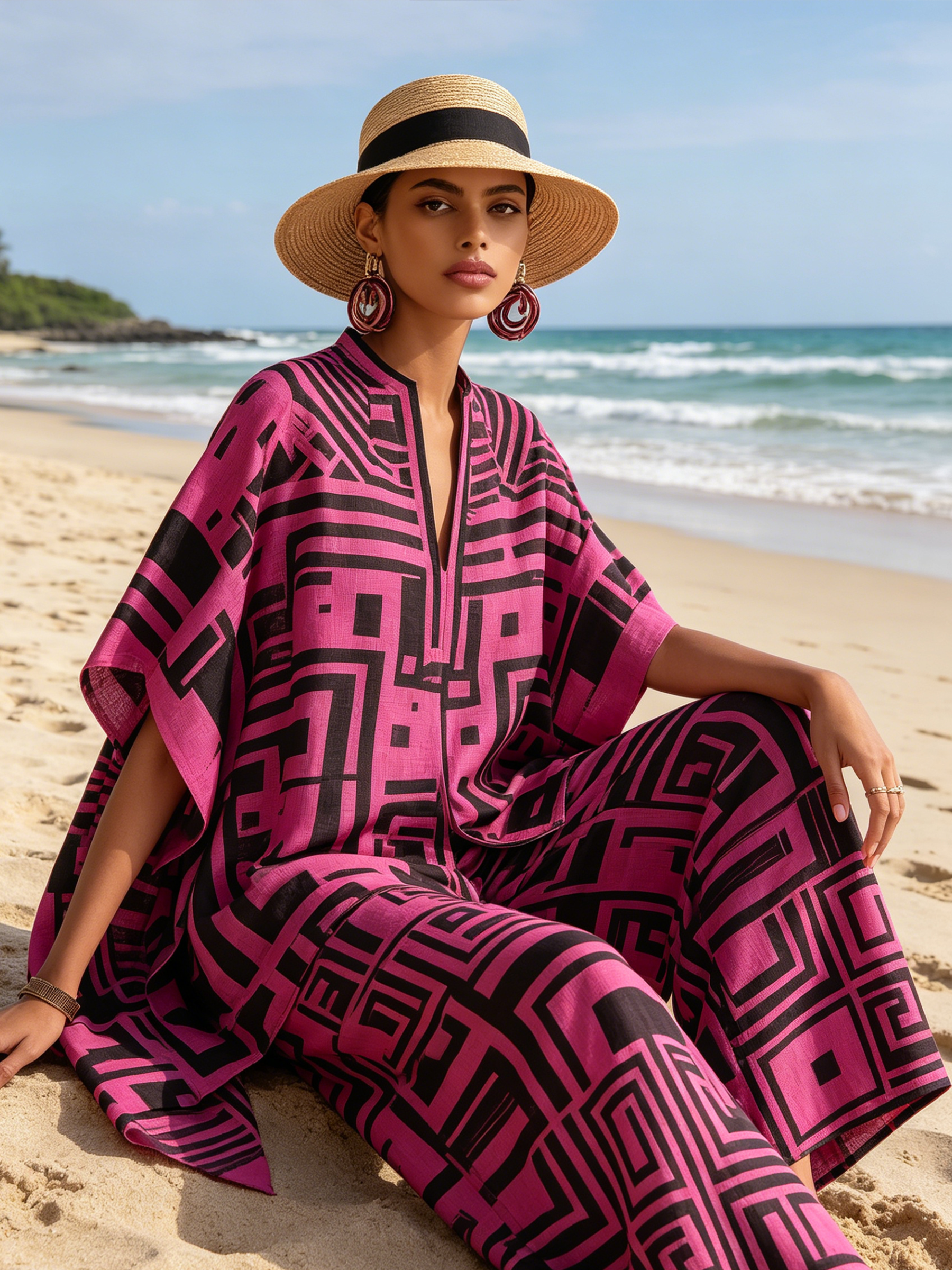 Bold Geometric Print Flowy Kaftan Top & Wide-Leg Pants Set