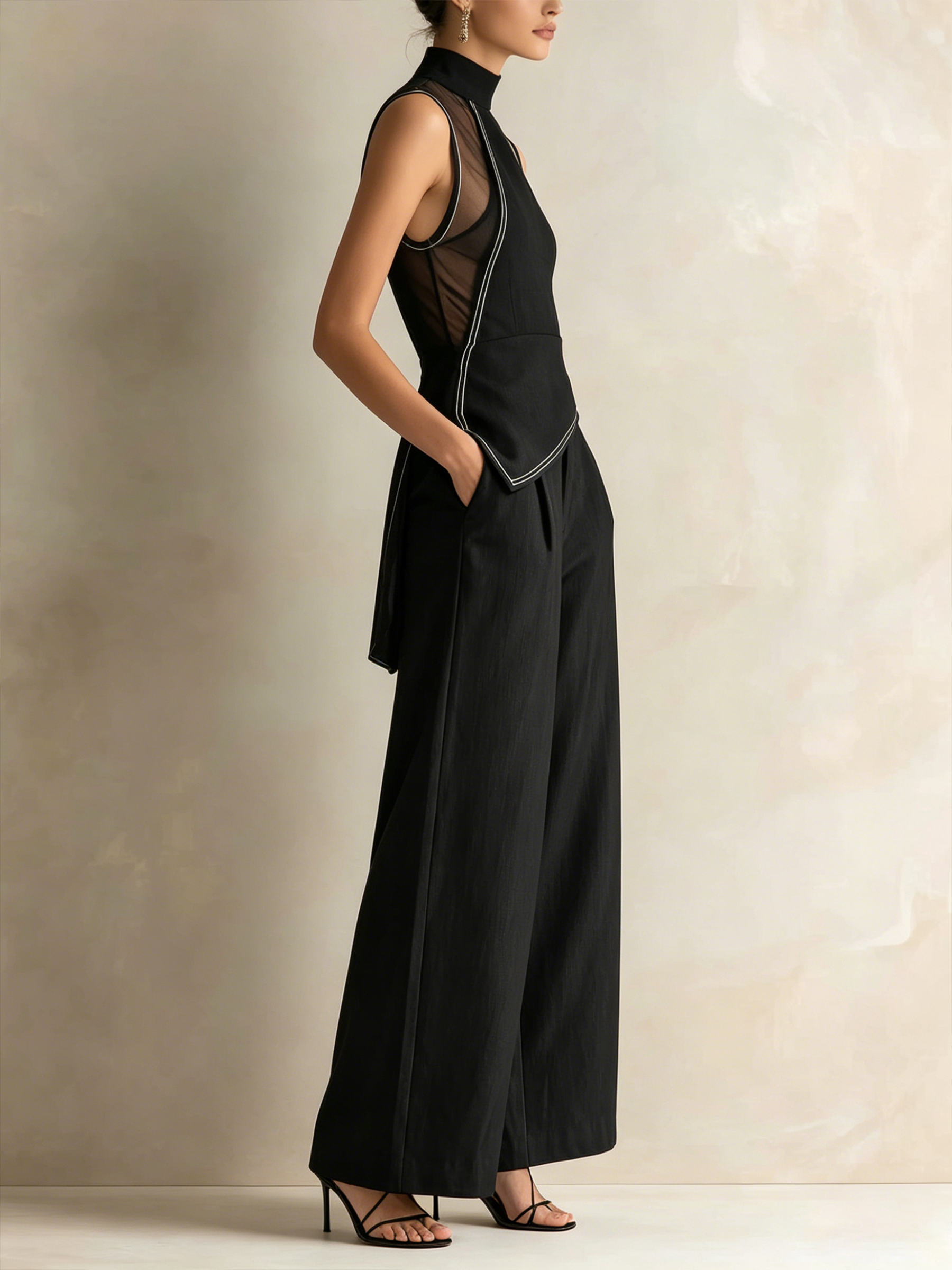 Sheer Mesh Mock Neck Top & Tailored Wide-Leg Pants Set