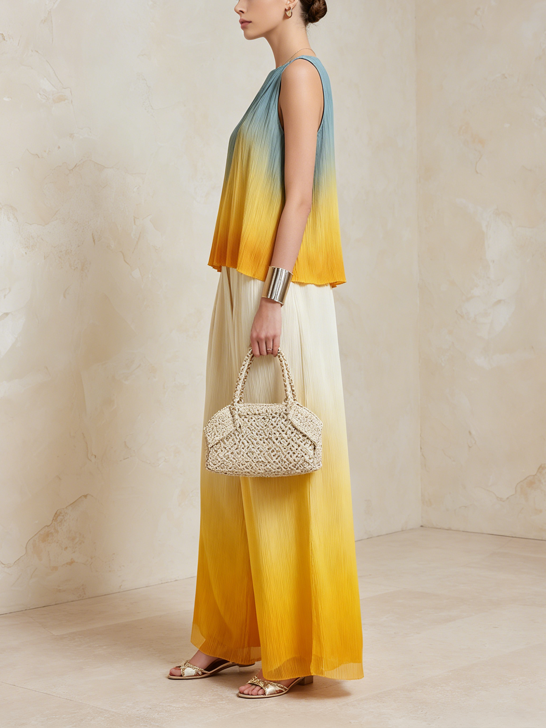 Sunset Ombré Pleated Sleeveless Two-Piece Wide-Leg Set