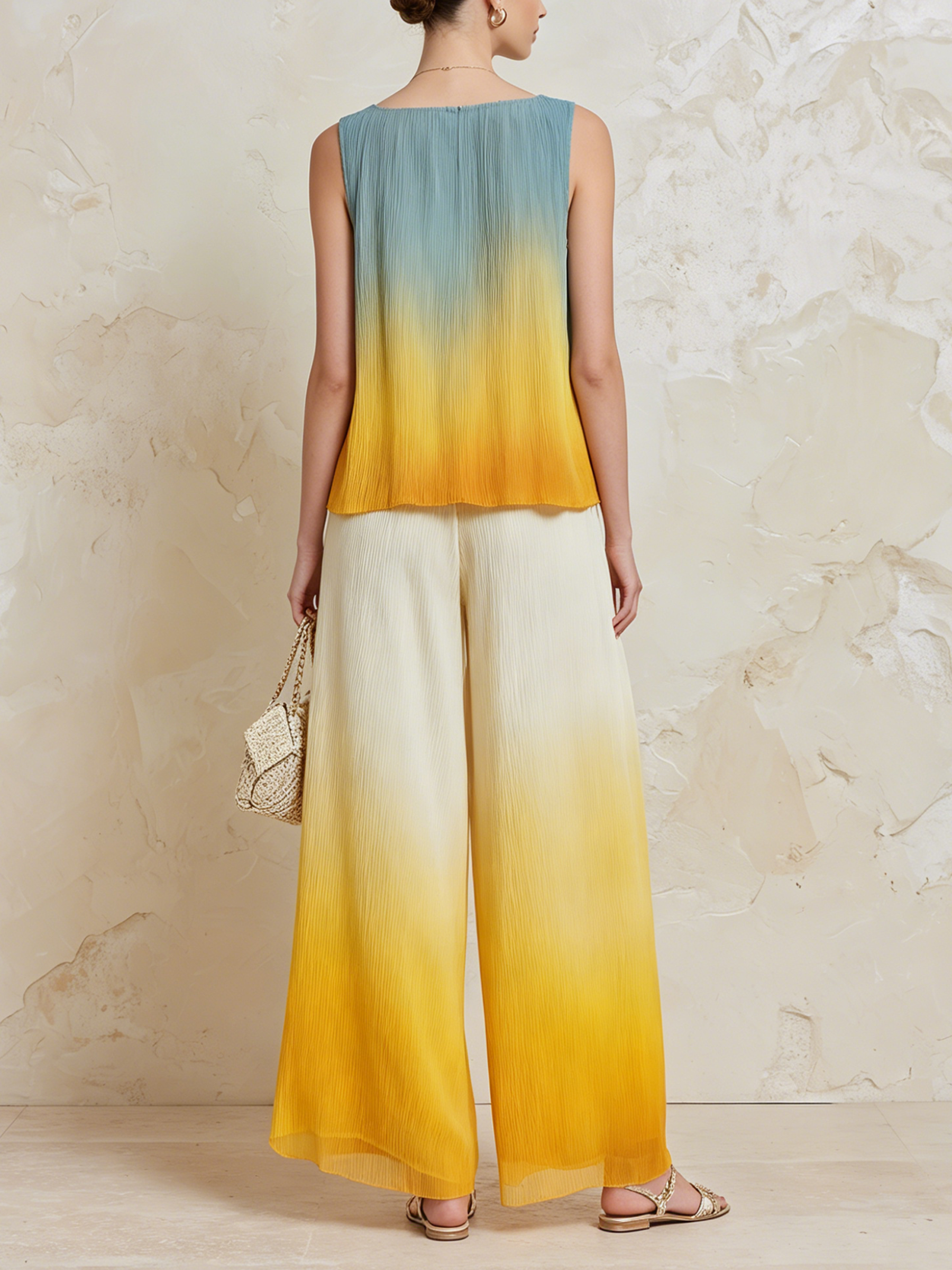 Sunset Ombré Pleated Sleeveless Two-Piece Wide-Leg Set