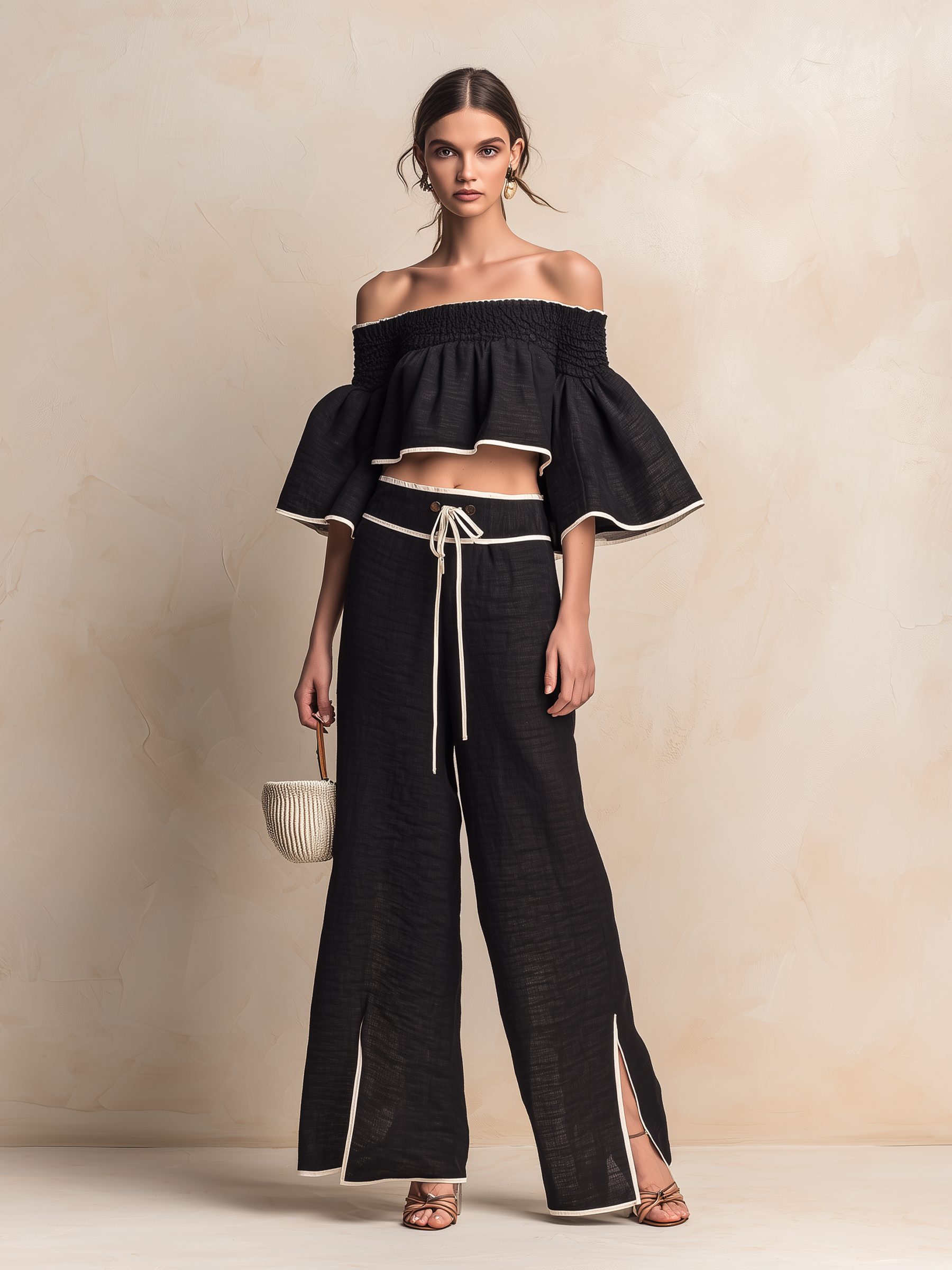 Black Linen-Blend Off-Shoulder Two-Piece Set With Contrast Trim