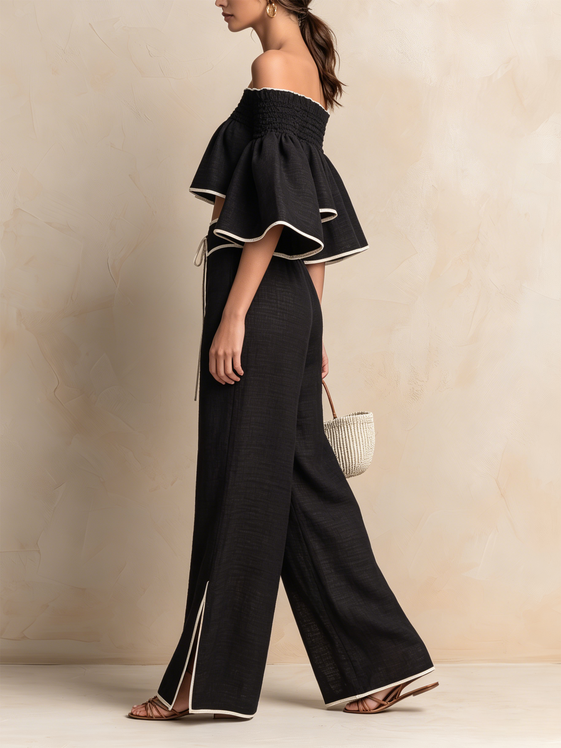 Black Linen-Blend Off-Shoulder Two-Piece Set With Contrast Trim