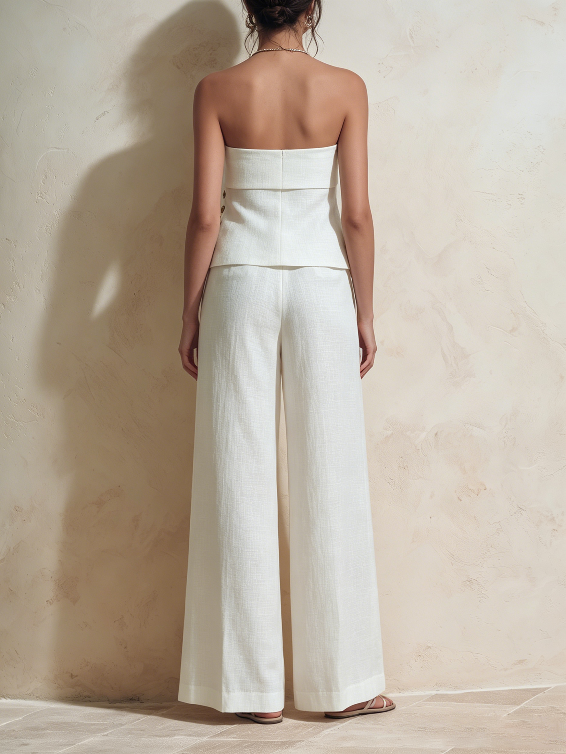 White Linen-Blend Strapless Tube Top & High-Waisted Wide-Leg Pants Set