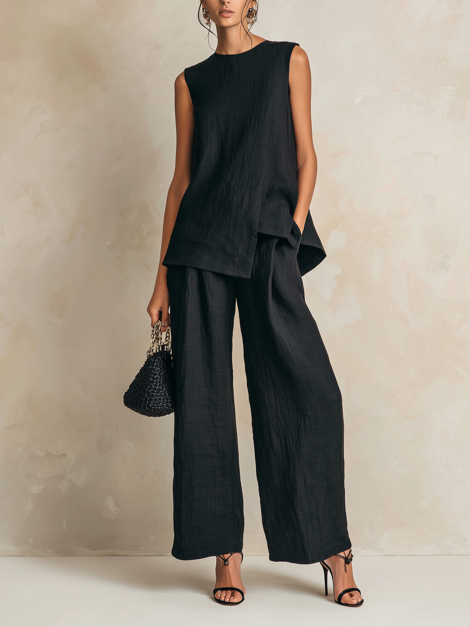 Black Textured Linen-Blend Asymmetric Two-Piece Wide-Leg Set