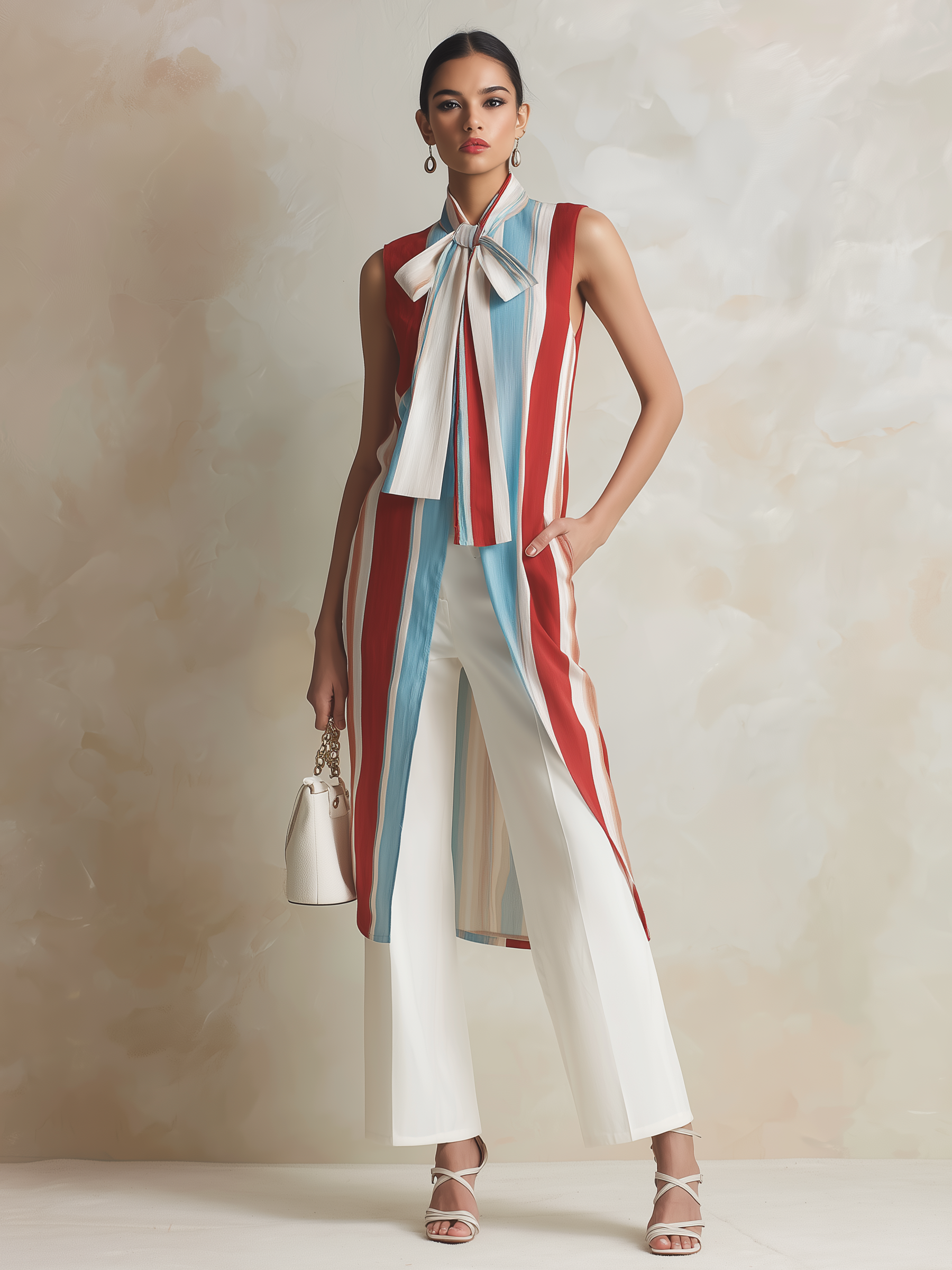 Striped Bow-Neck Longline Vest & Wide-Leg Pants Set
