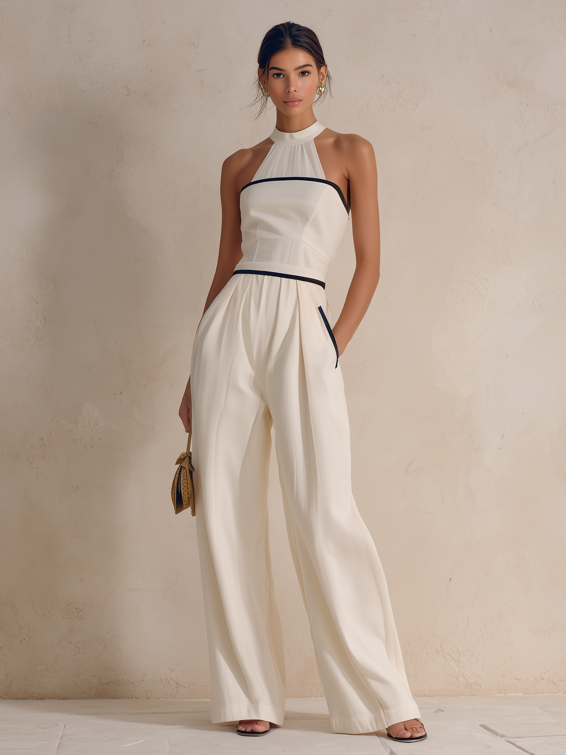 Cream Halter Neck Contrast Trim Wide-Leg Jumpsuit