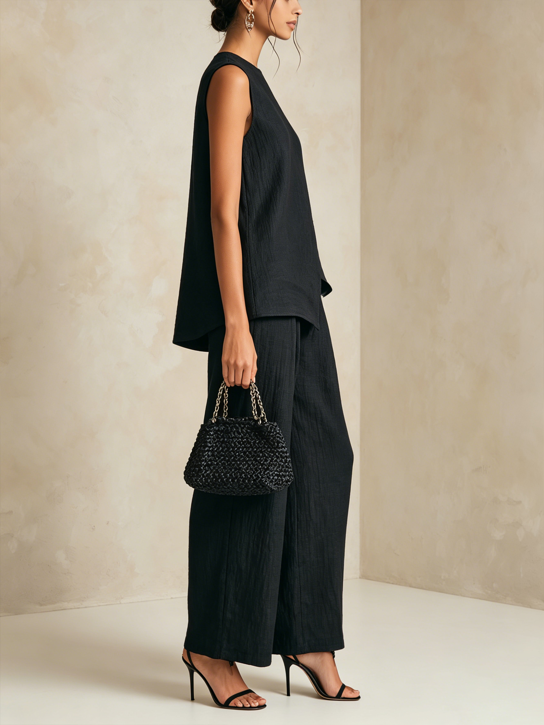 Black Textured Linen-Blend Asymmetric Two-Piece Wide-Leg Set