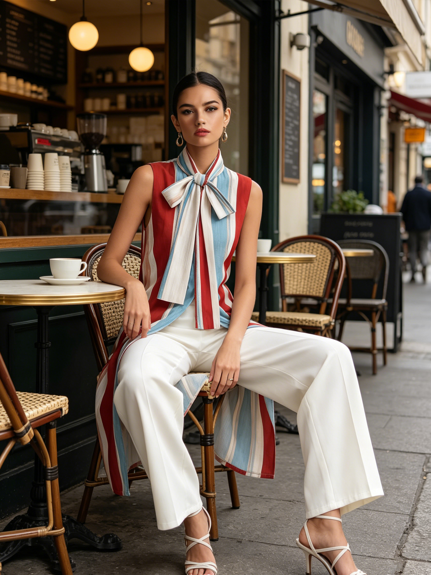 Striped Bow-Neck Longline Vest & Wide-Leg Pants Set