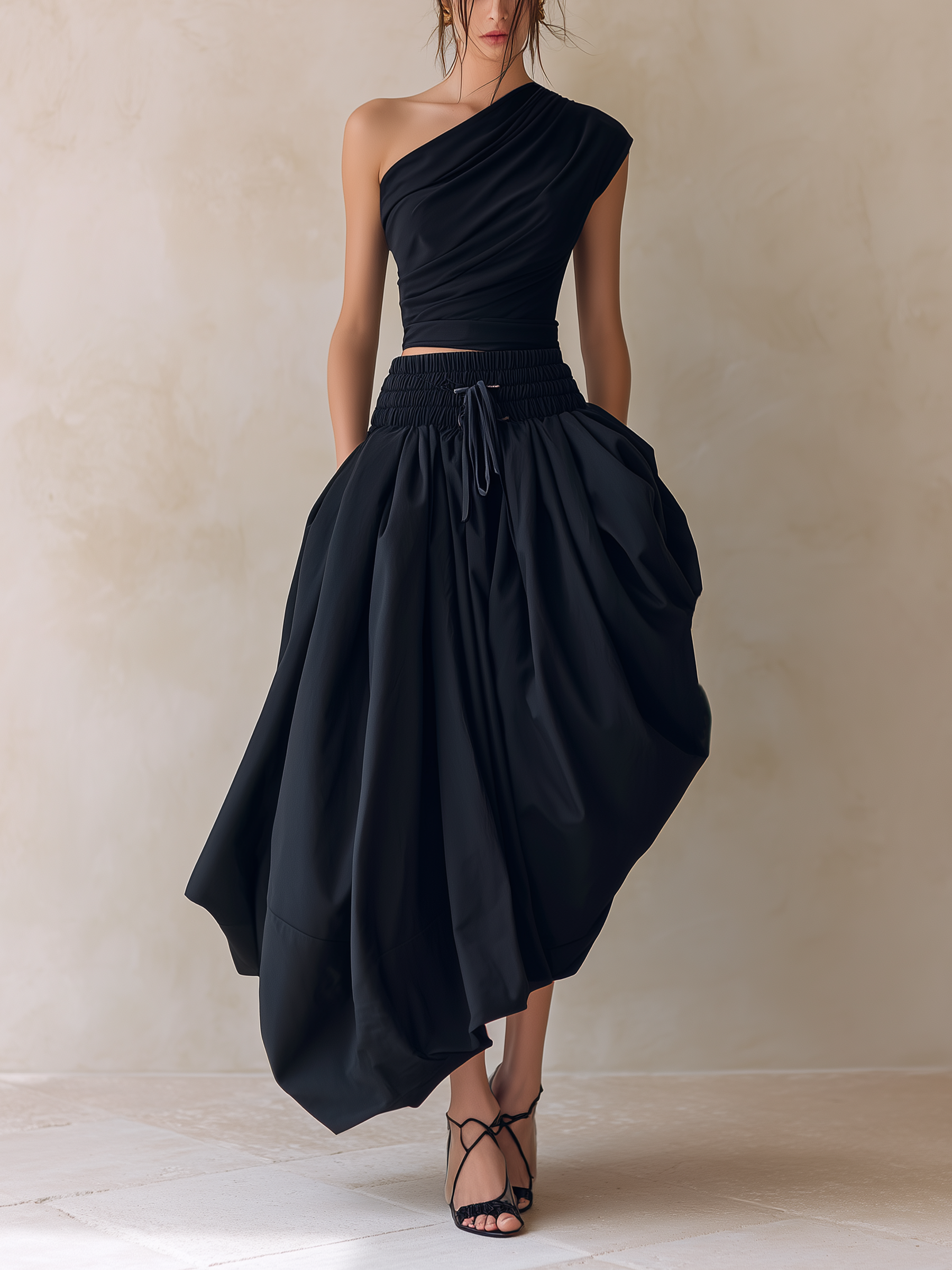 Black Asymmetric One-Shoulder Top & High-Waisted Bubble Skirt Set
