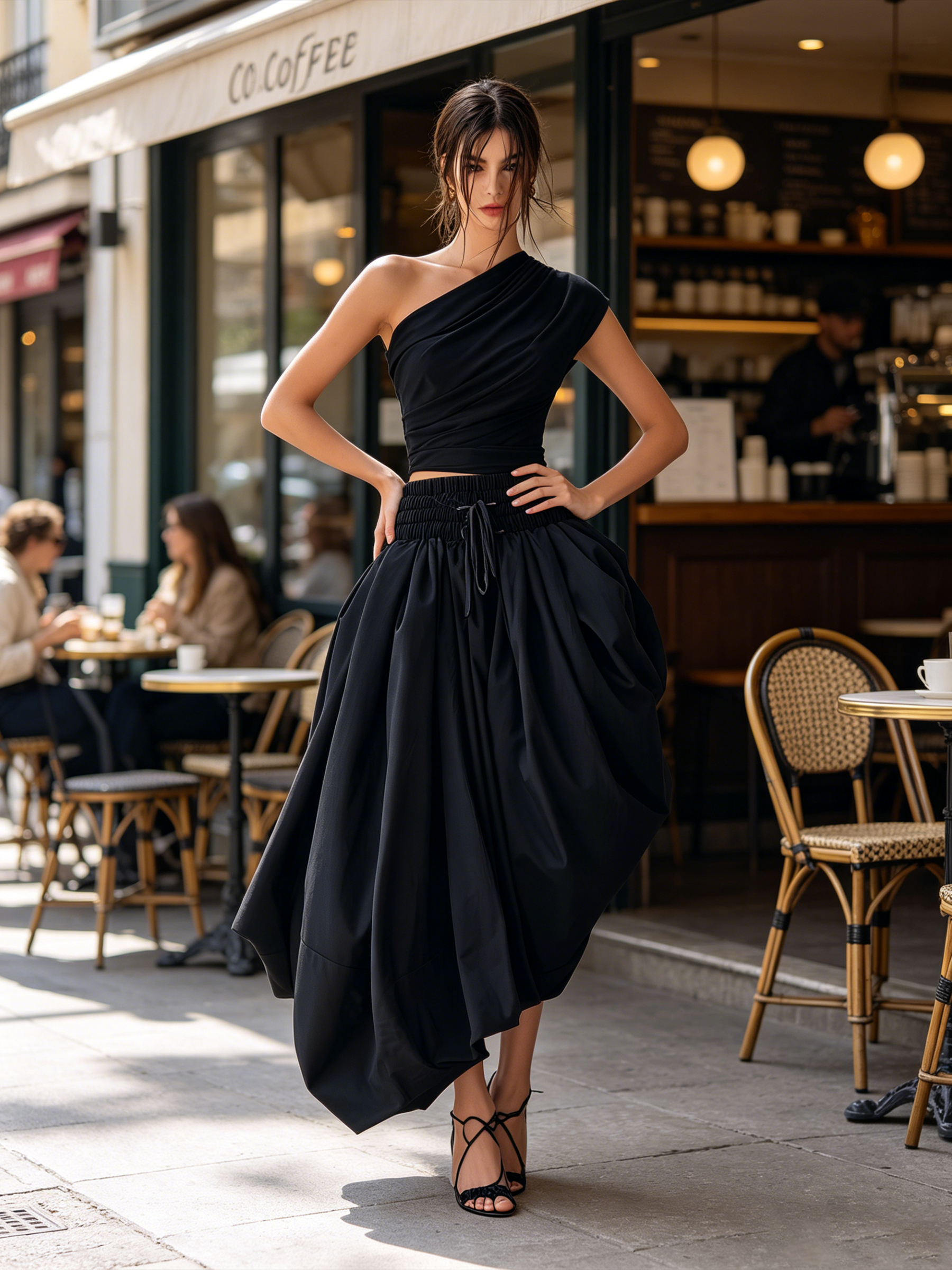 Black Asymmetric One-Shoulder Top & High-Waisted Bubble Skirt Set