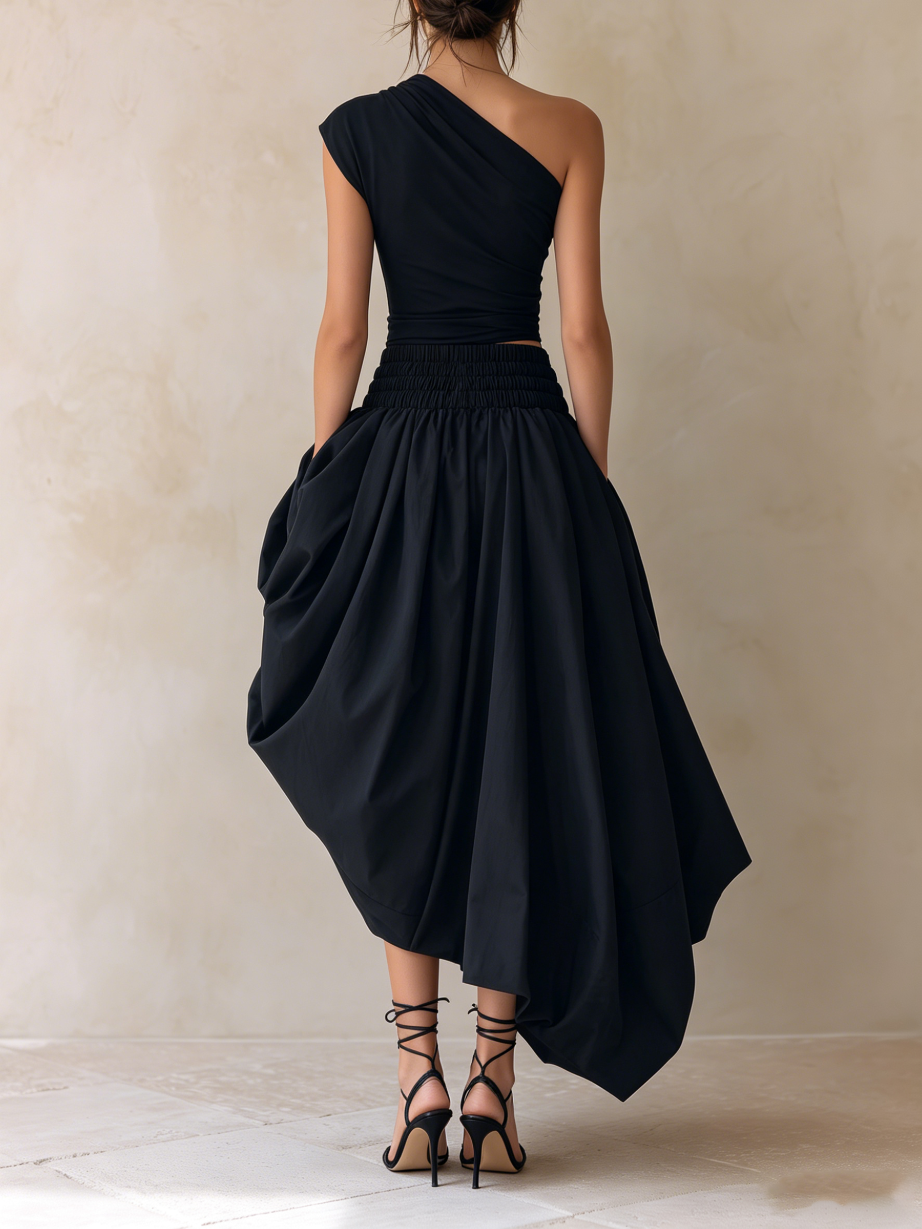 Black Asymmetric One-Shoulder Top & High-Waisted Bubble Skirt Set