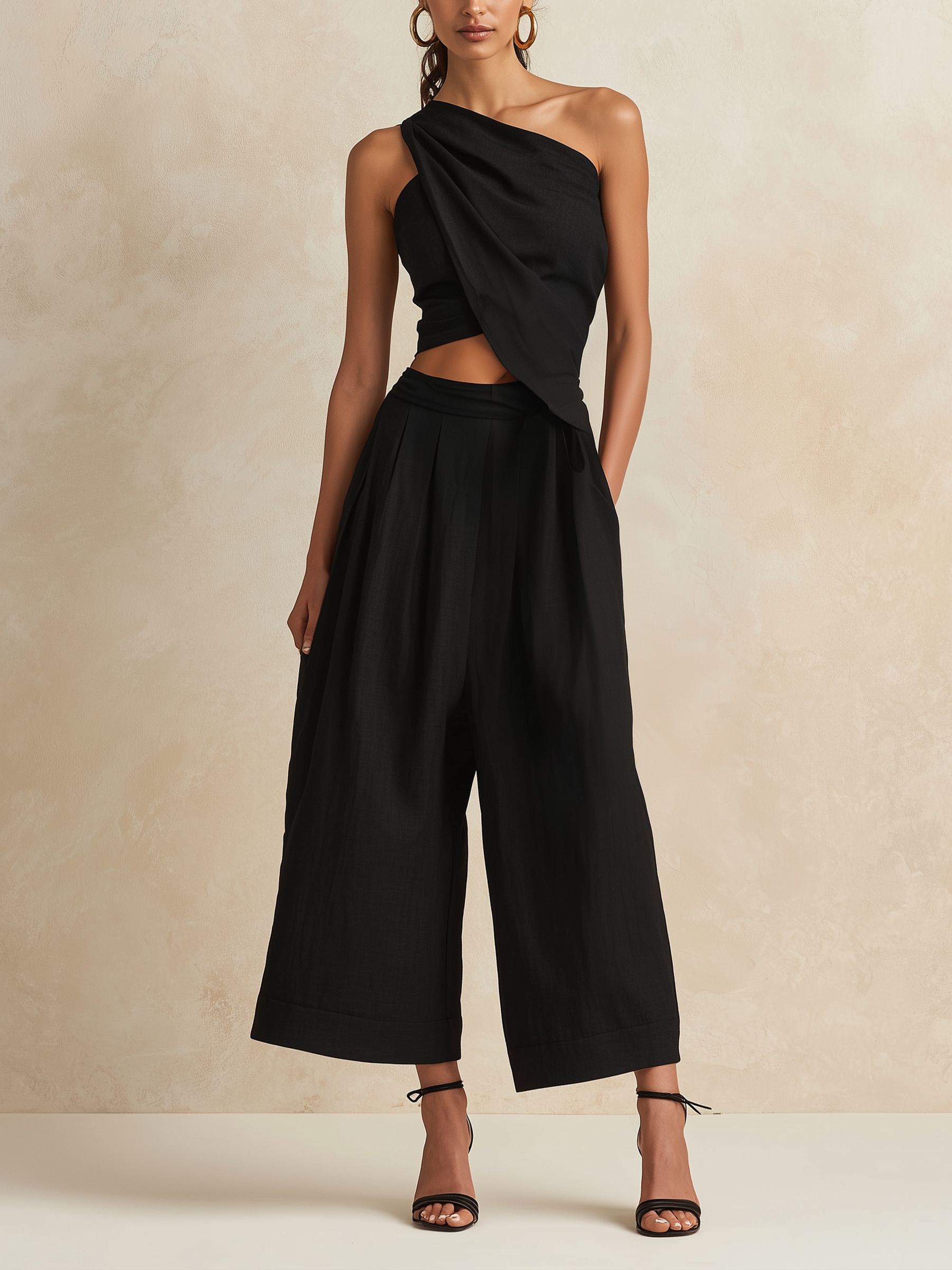 Black Asymmetric One-Shoulder Top & High-Waisted Culotte Set