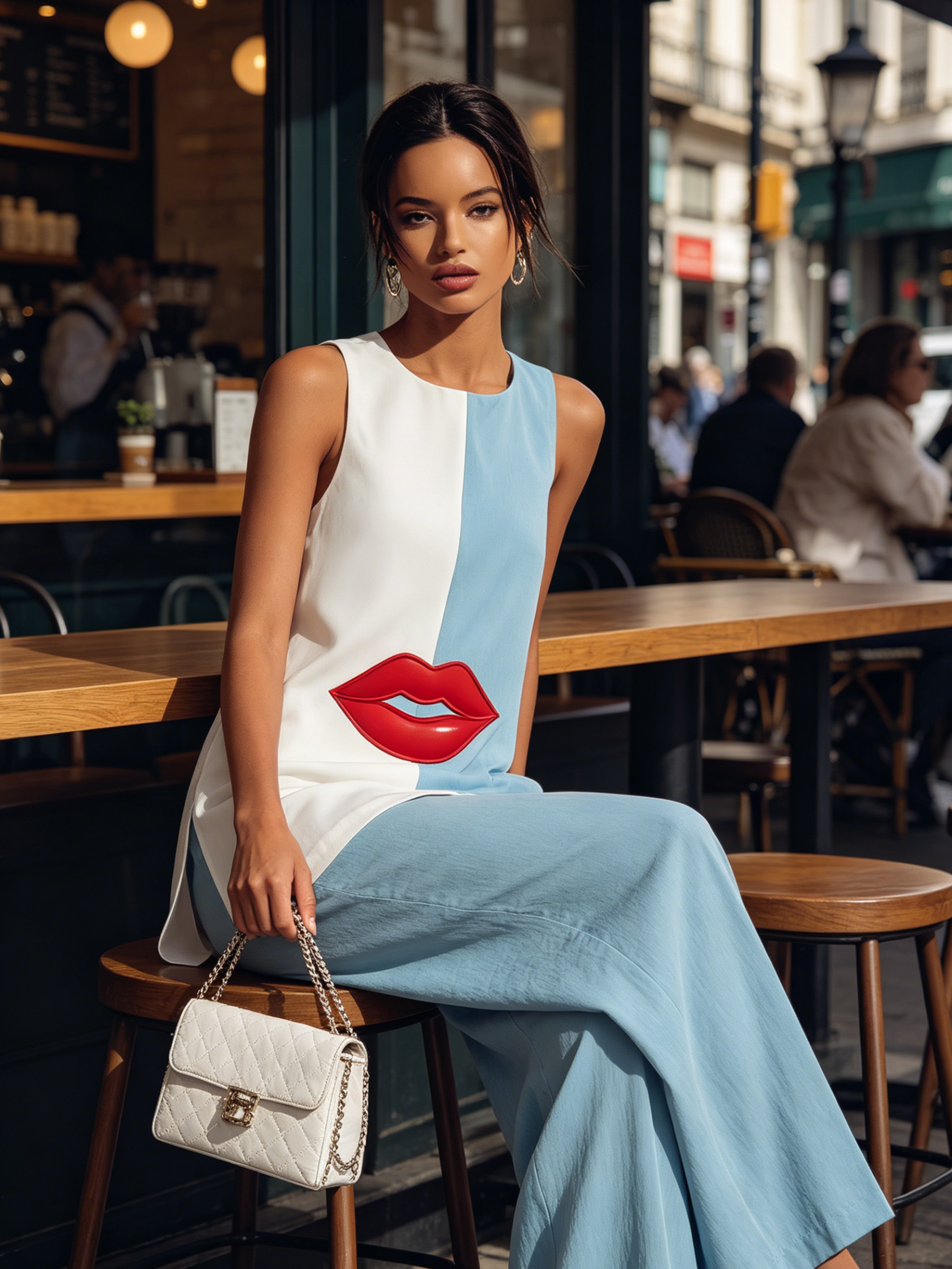 Two-Tone Lip Print Sleeveless Tunic & Wide-Leg Pants Set