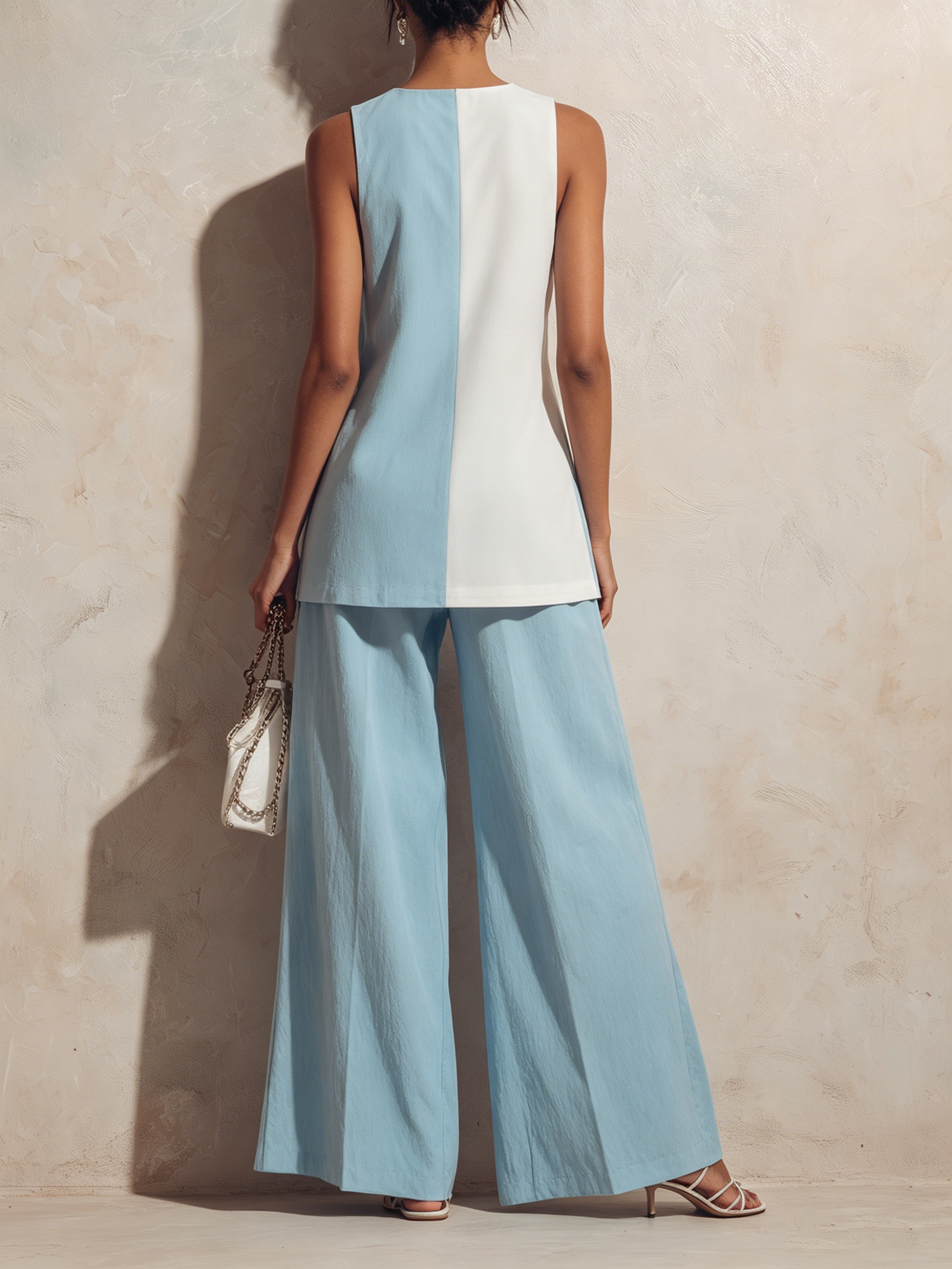 Two-Tone Lip Print Sleeveless Tunic & Wide-Leg Pants Set