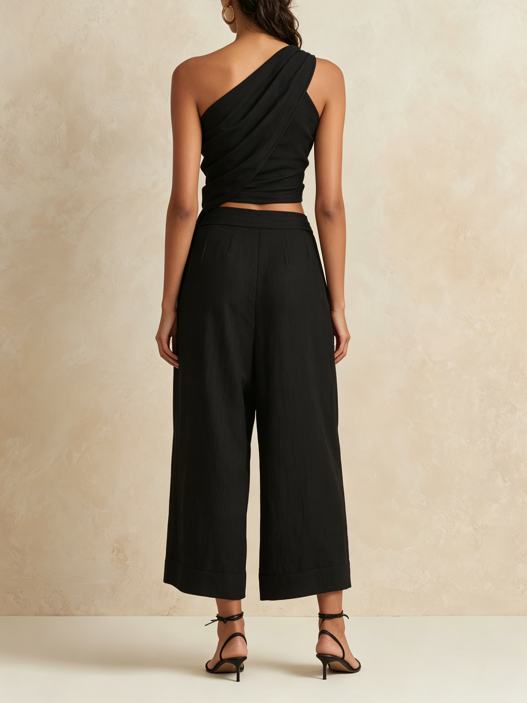 Black Asymmetric One-Shoulder Top & High-Waisted Culotte Set