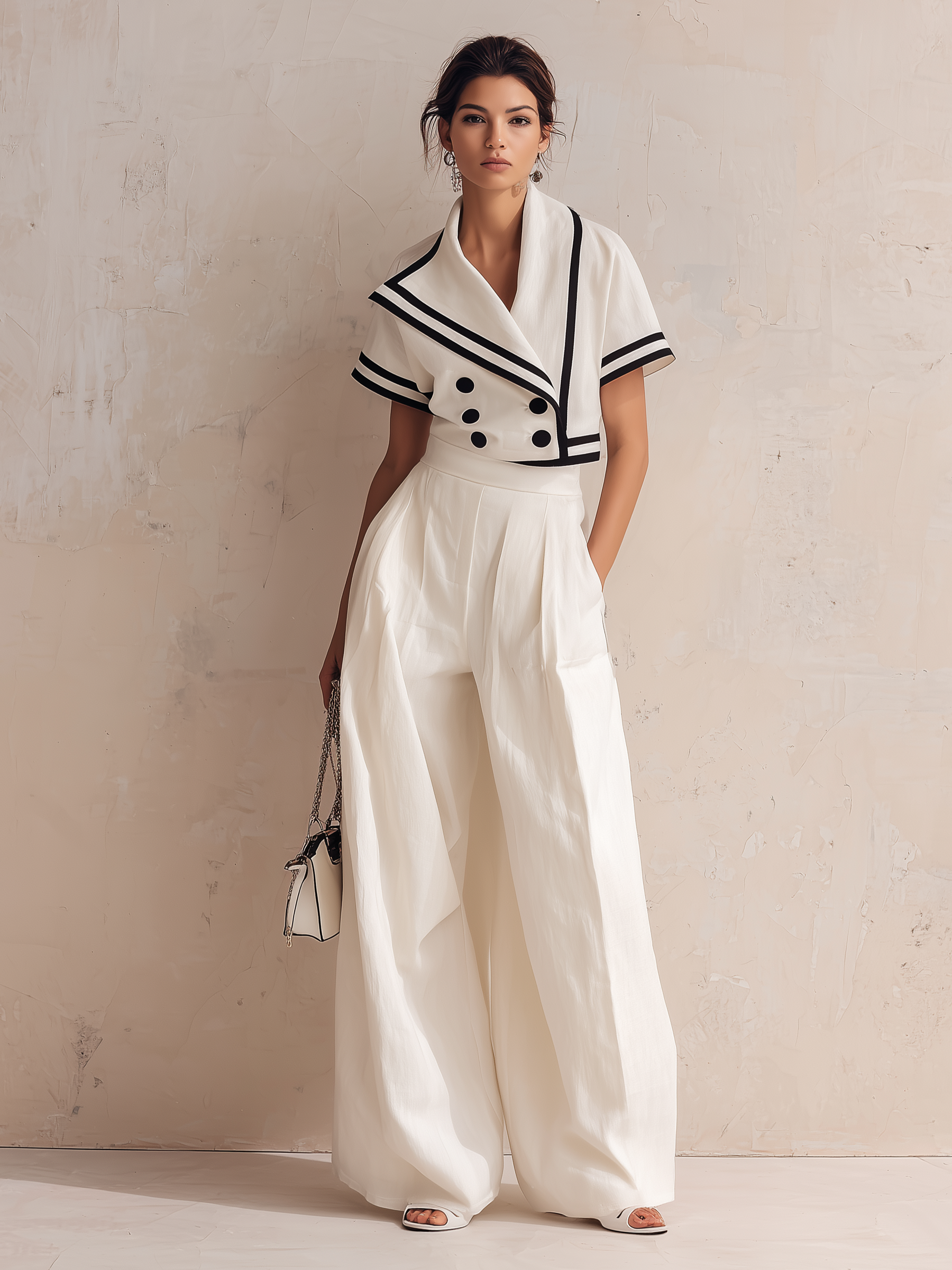 White Nautical Trim Blazer & High-Waisted Wide-Leg Pants Set
