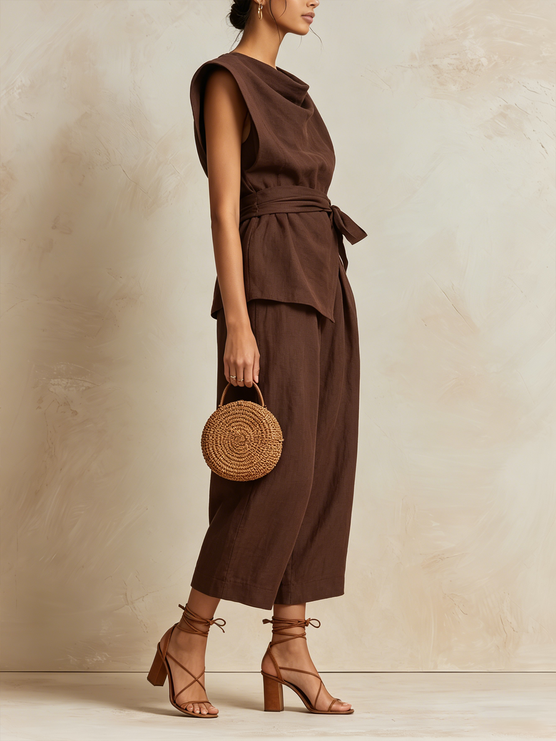 Chocolate Brown Linen-Blend Cowl-Neck Top & Wide-Leg Pants Set With Waist Tie