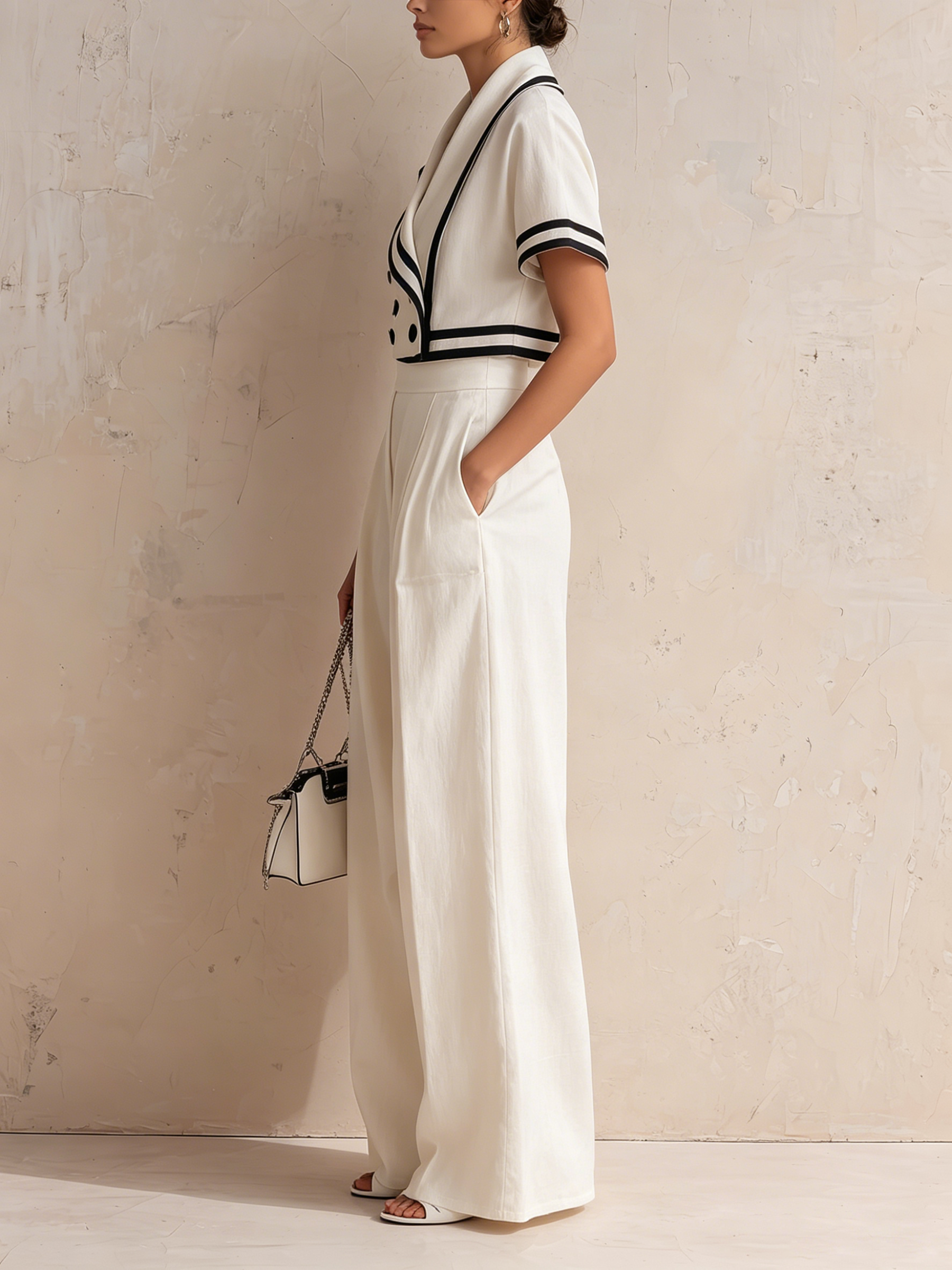 White Nautical Trim Blazer & High-Waisted Wide-Leg Pants Set