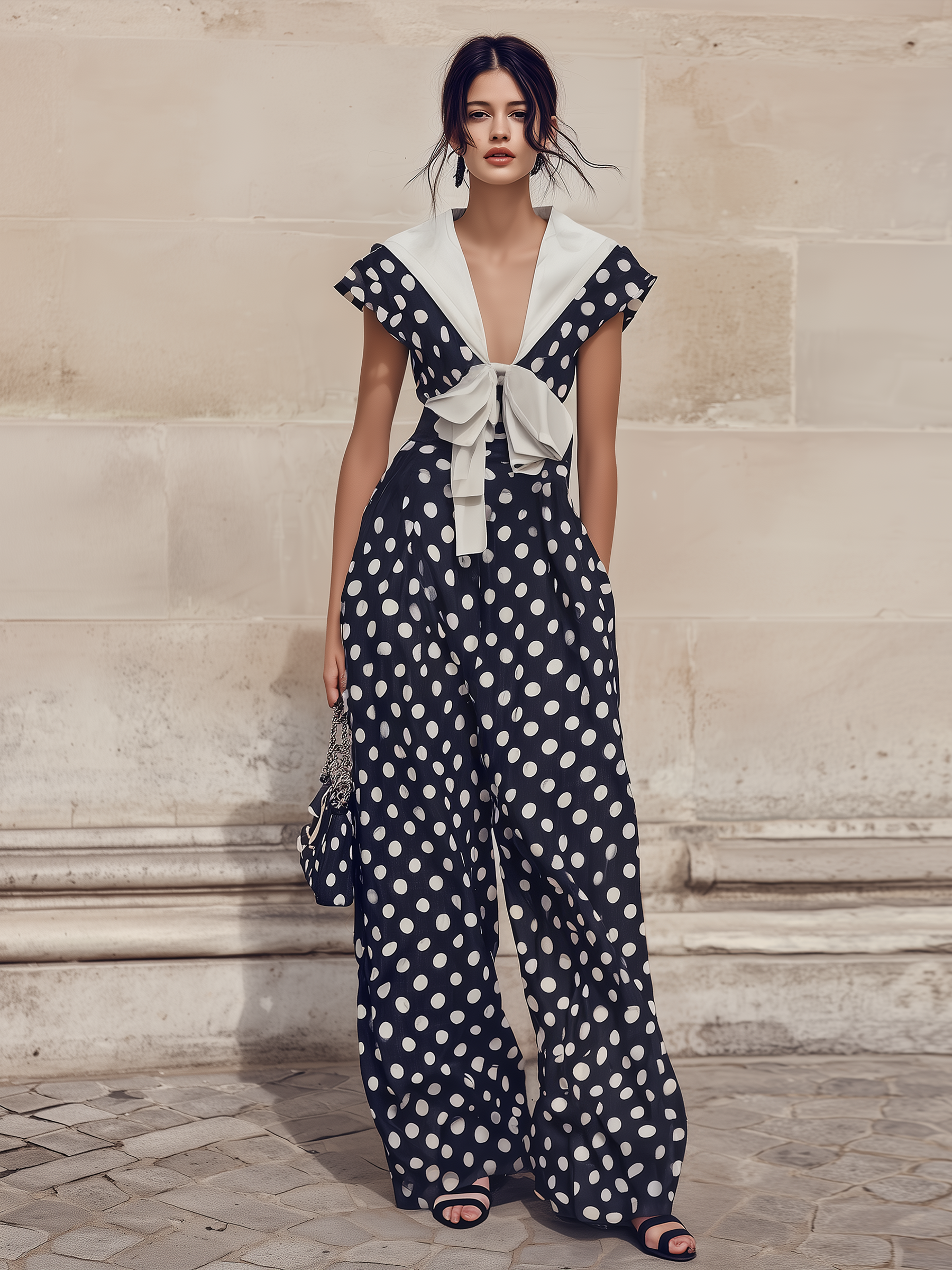 Navy Polka Dot Wide-Leg Jumpsuit With Sailor Collar & Bow Detail