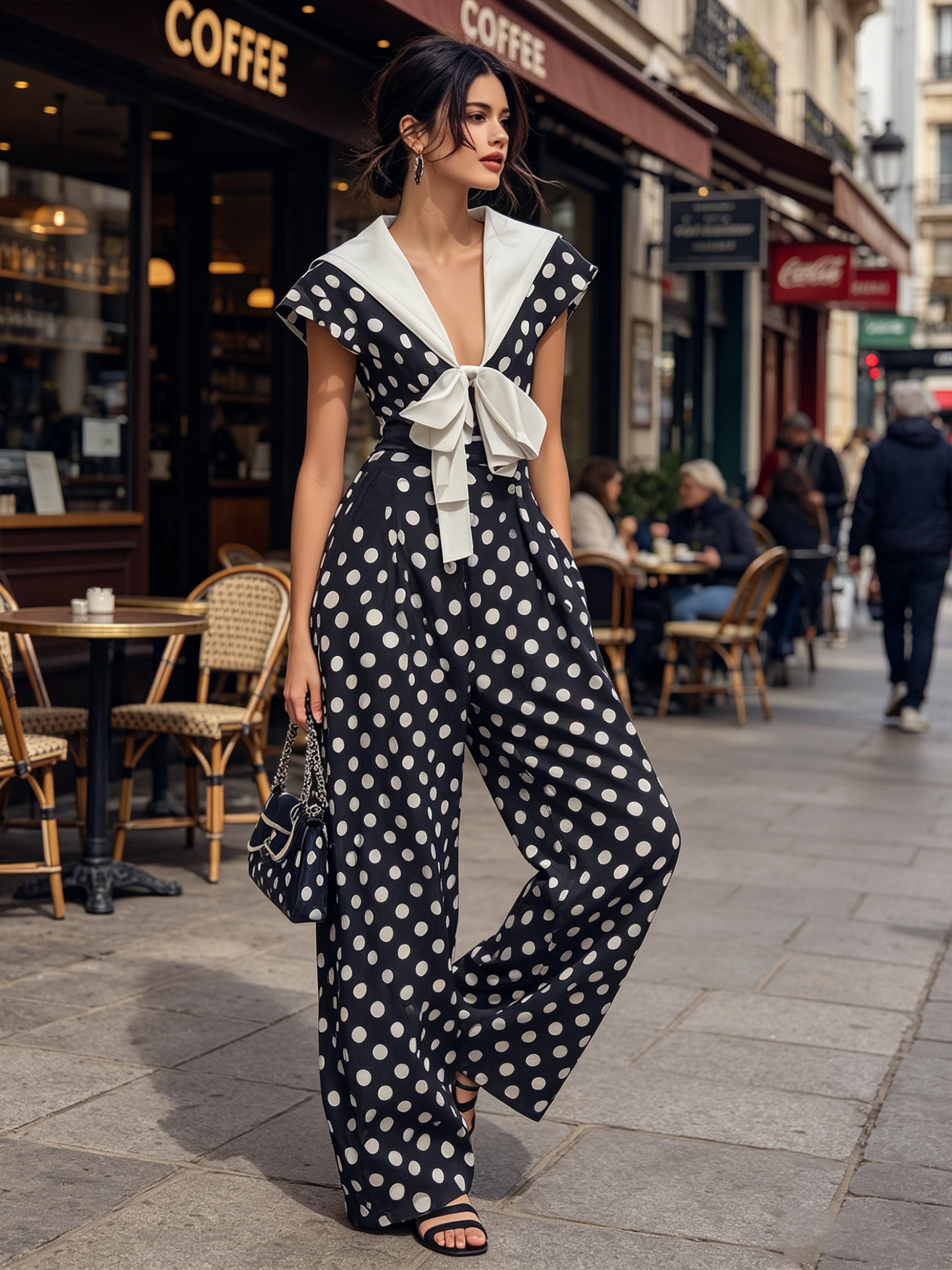 Navy Polka Dot Wide-Leg Jumpsuit With Sailor Collar & Bow Detail