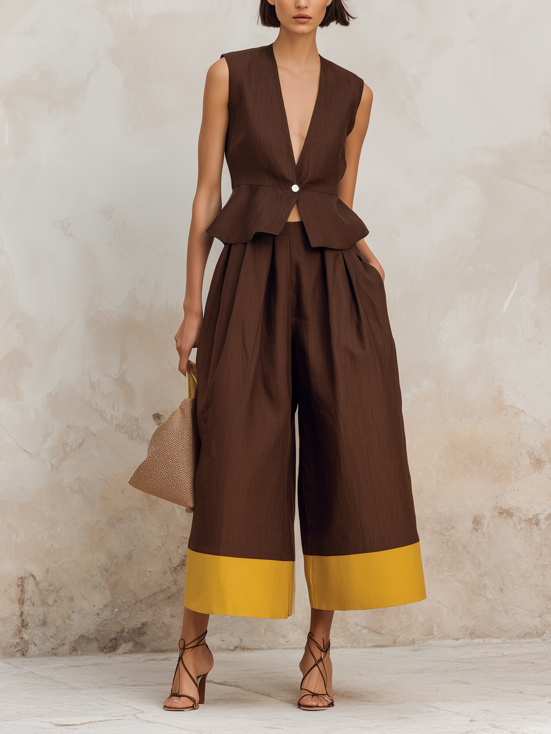 Brown Linen-Blend Peplum Vest & Color-Block Culotte Set