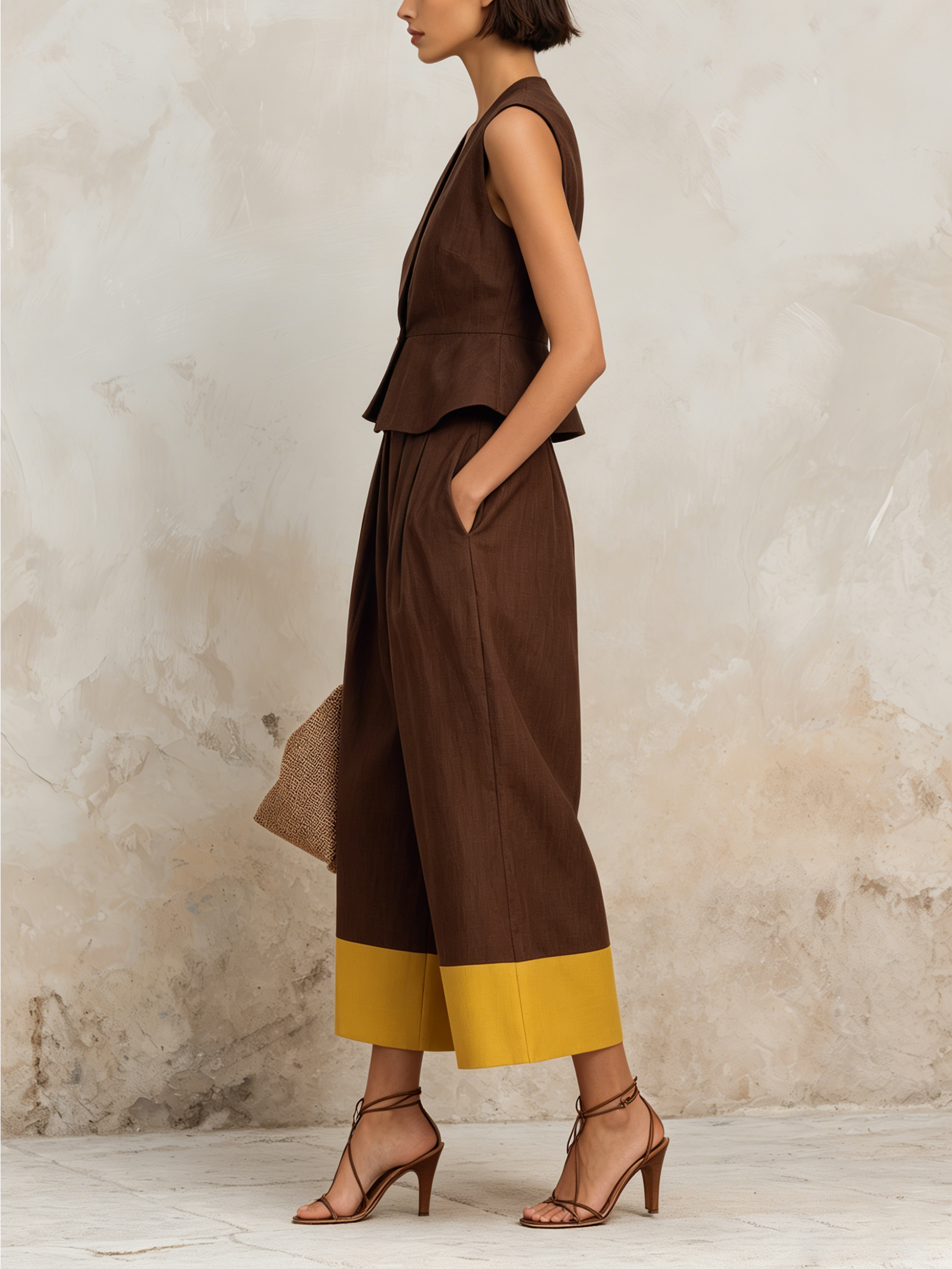 Brown Linen-Blend Peplum Vest & Color-Block Culotte Set