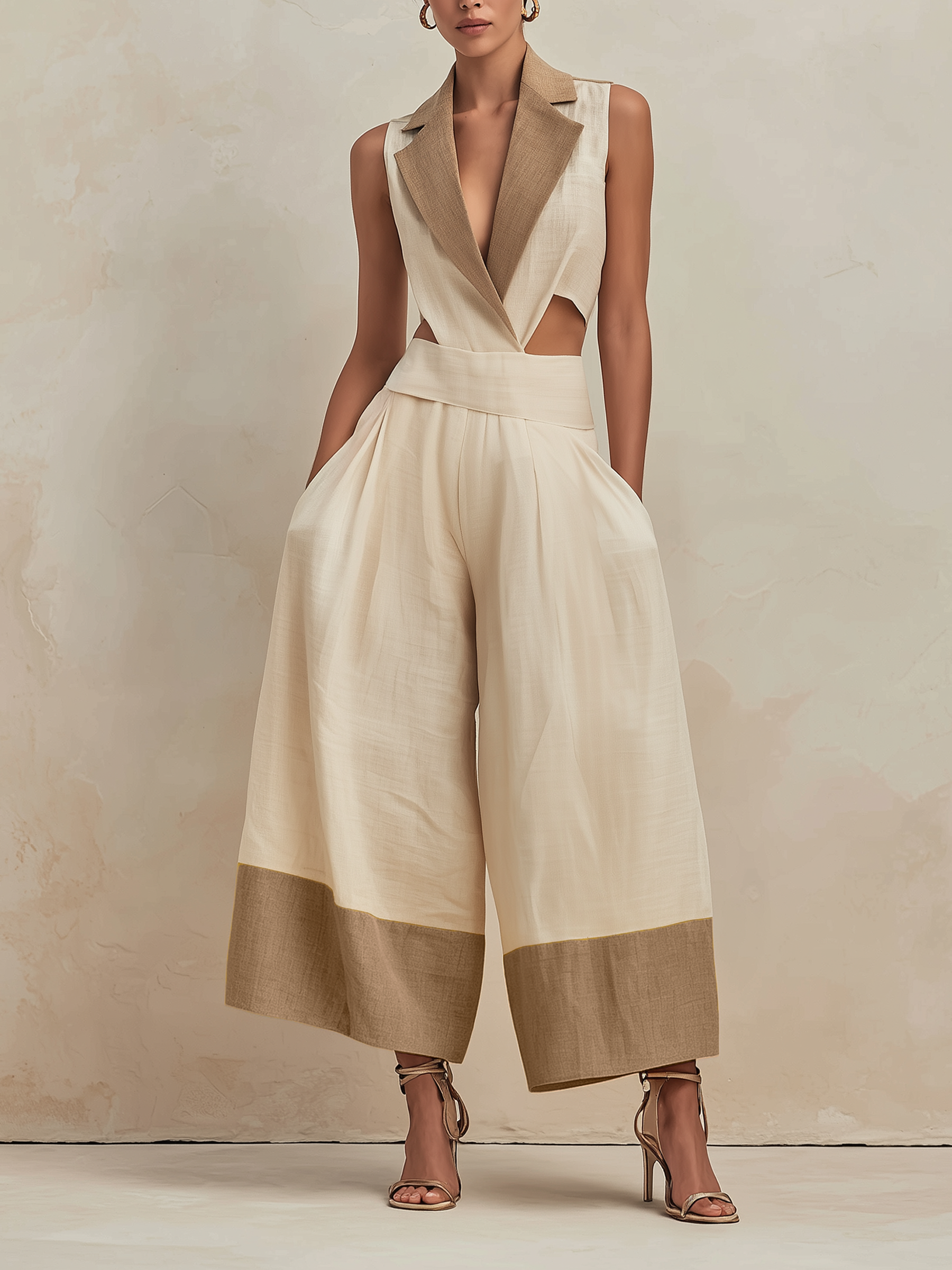Cream & Tan Linen-Blend Cut-Out Waist Wide-Leg Jumpsuit