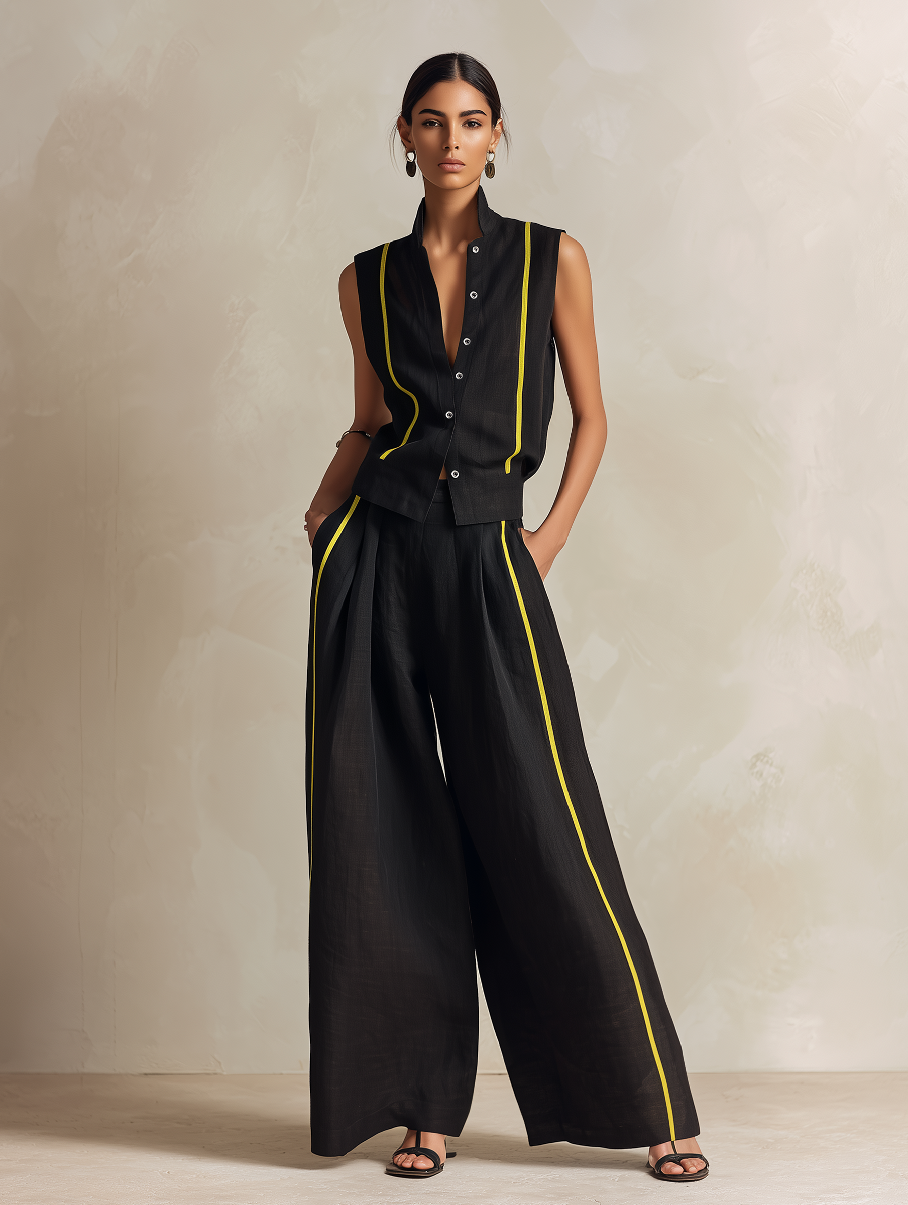 Black & Neon Yellow Linen-Blend Sleeveless Vest & Wide-Leg Pant Set