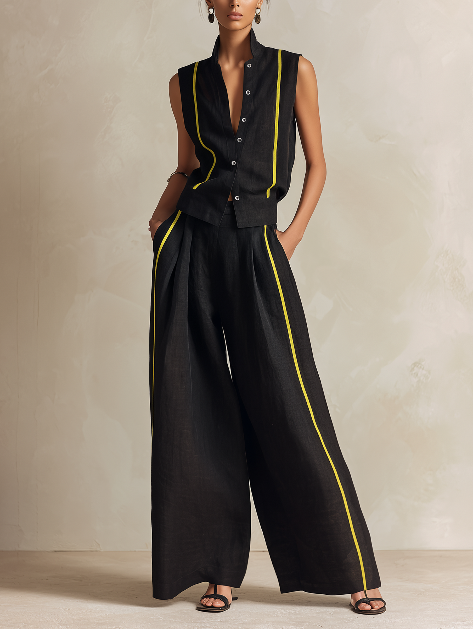 Black & Neon Yellow Linen-Blend Sleeveless Vest & Wide-Leg Pant Set