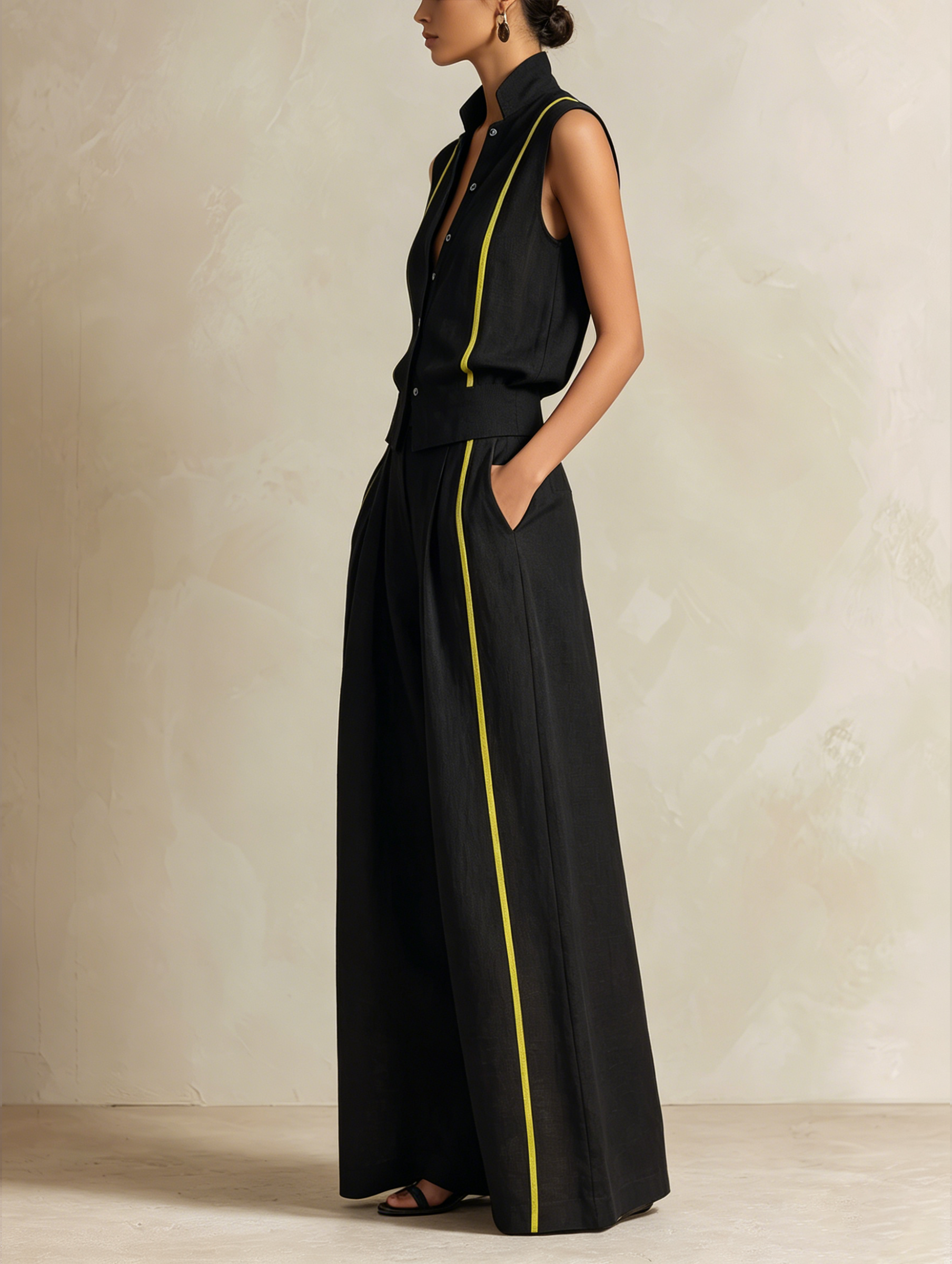 Black & Neon Yellow Linen-Blend Sleeveless Vest & Wide-Leg Pant Set