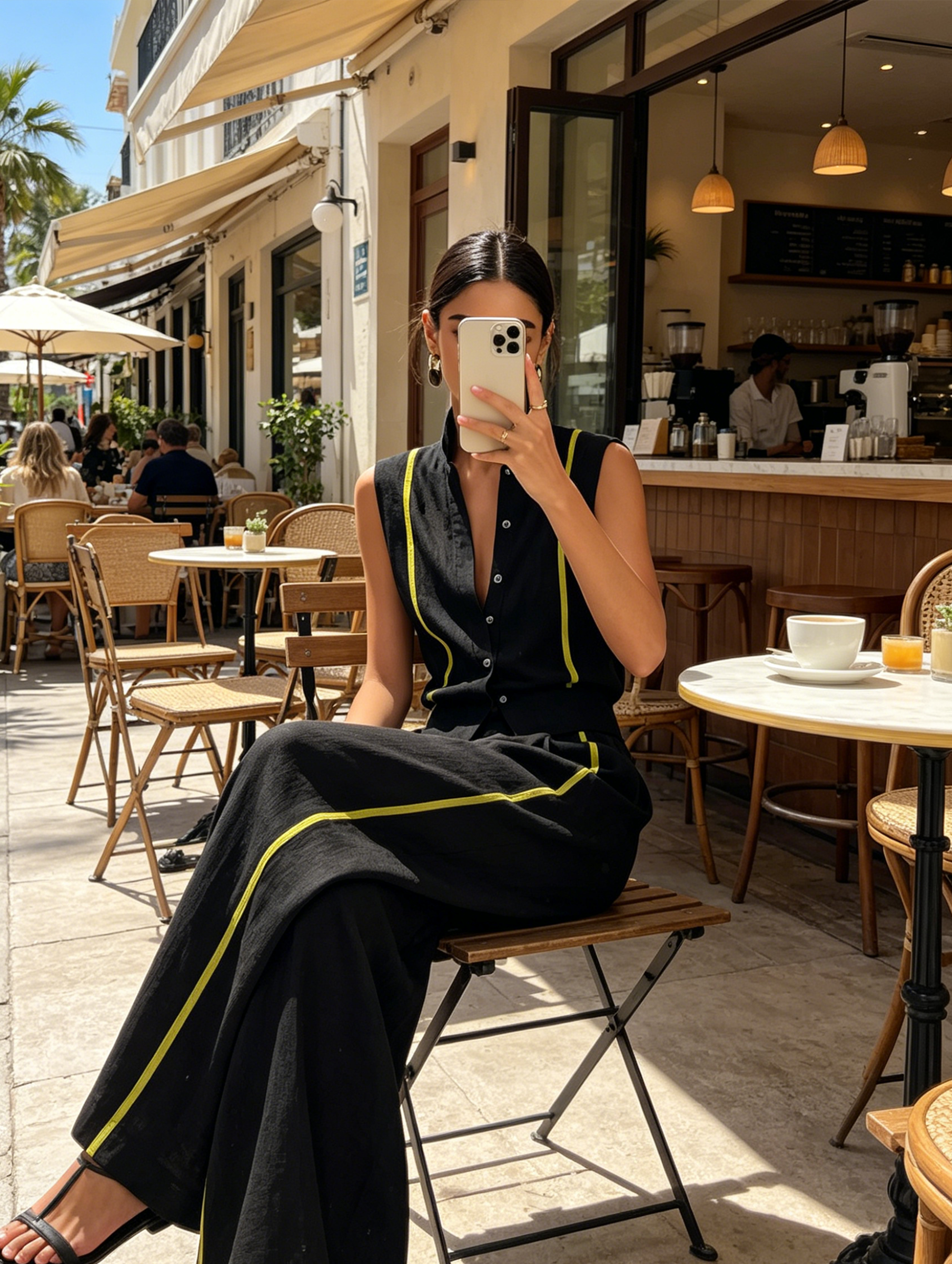 Black & Neon Yellow Linen-Blend Sleeveless Vest & Wide-Leg Pant Set