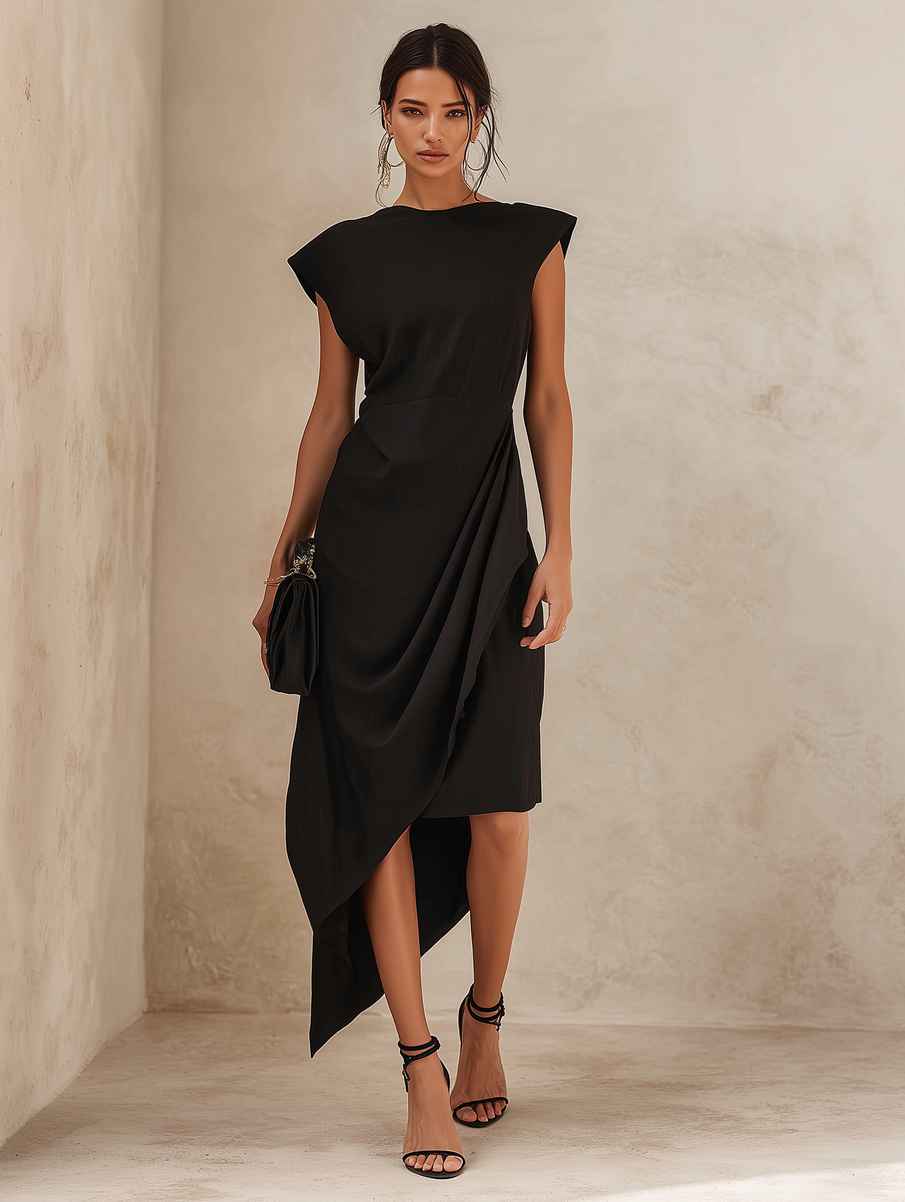 Black Asymmetric Draped Midi Dress