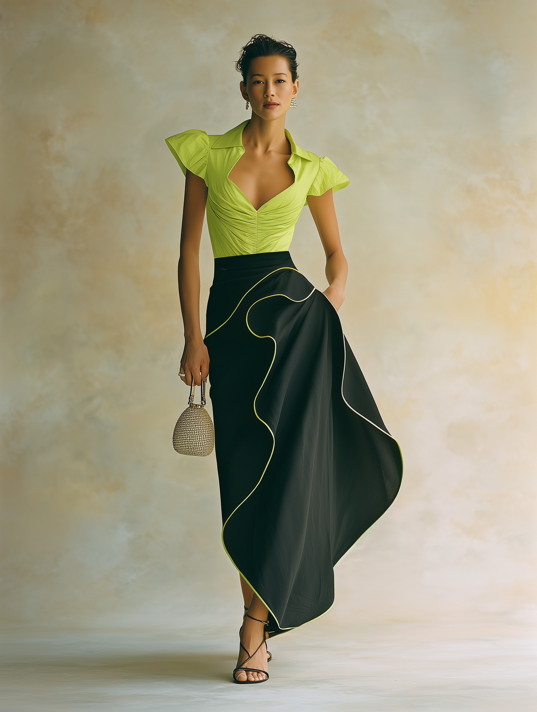 Lime Green Ruched Top & Contrast Trim Black Maxi Skirt Set