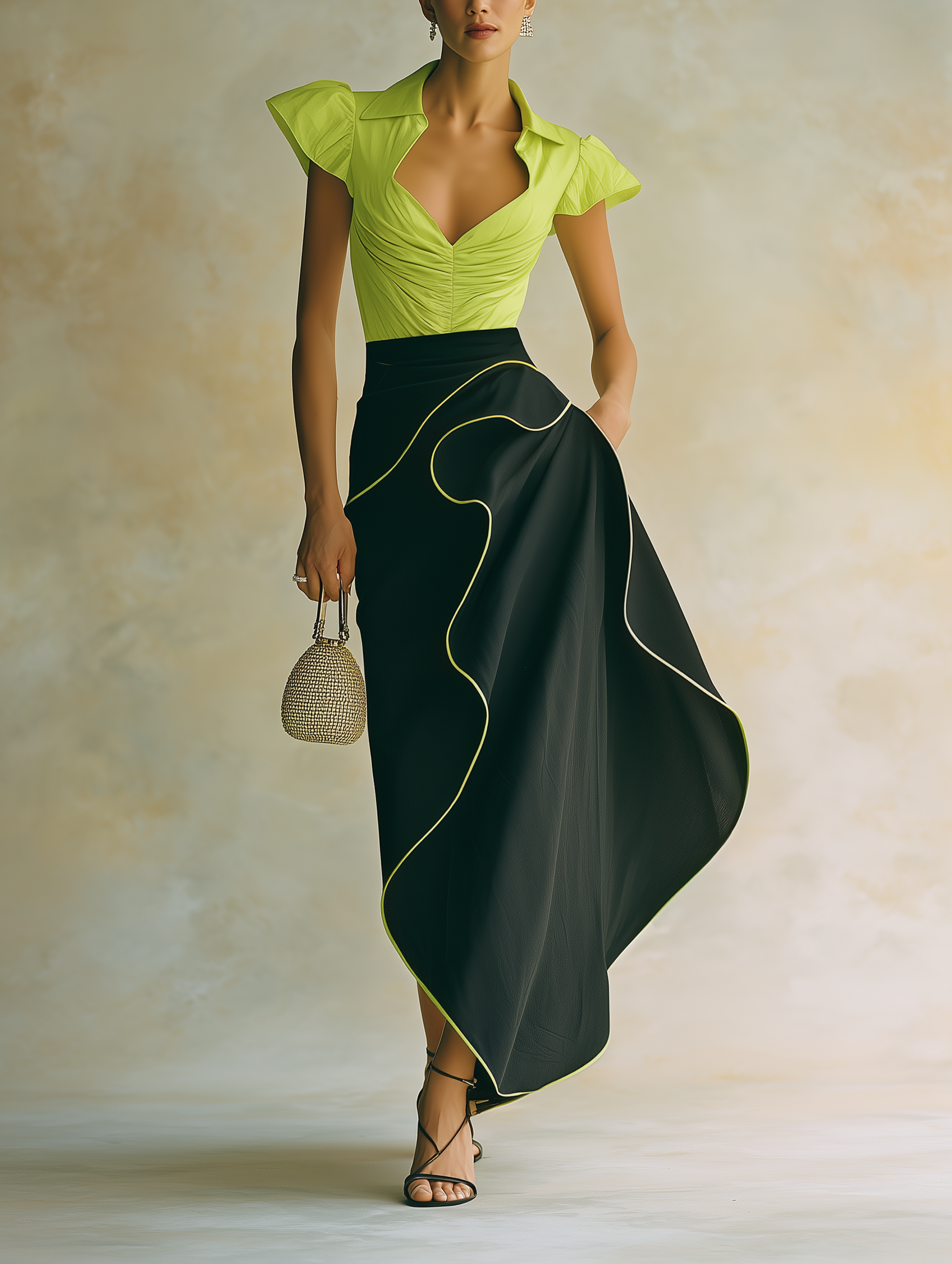 Lime Green Ruched Top & Contrast Trim Black Maxi Skirt Set