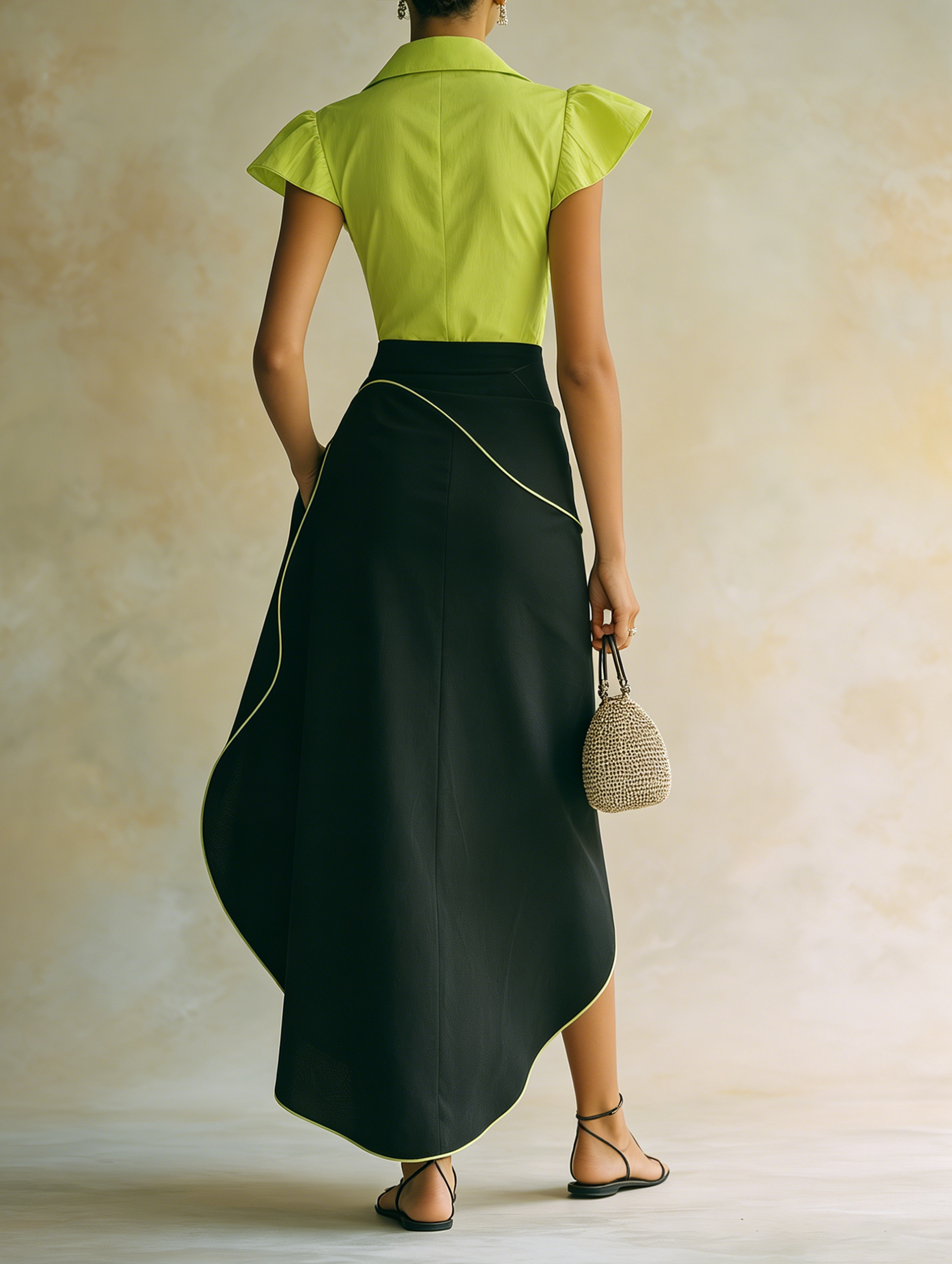 Lime Green Ruched Top & Contrast Trim Black Maxi Skirt Set