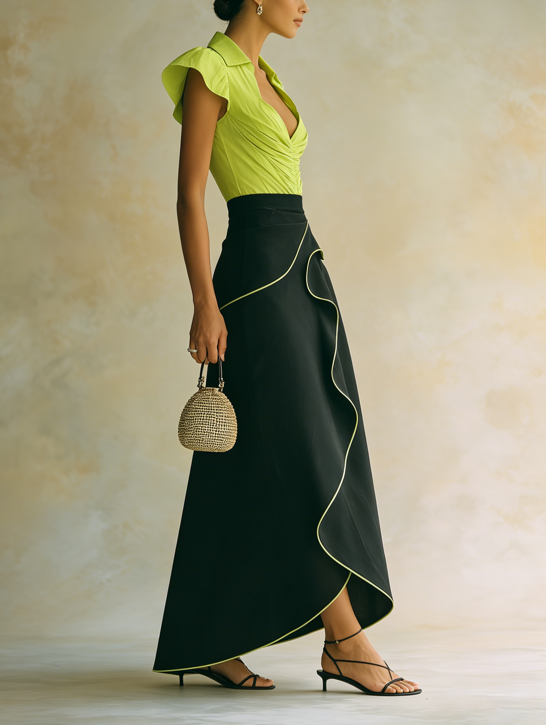 Lime Green Ruched Top & Contrast Trim Black Maxi Skirt Set