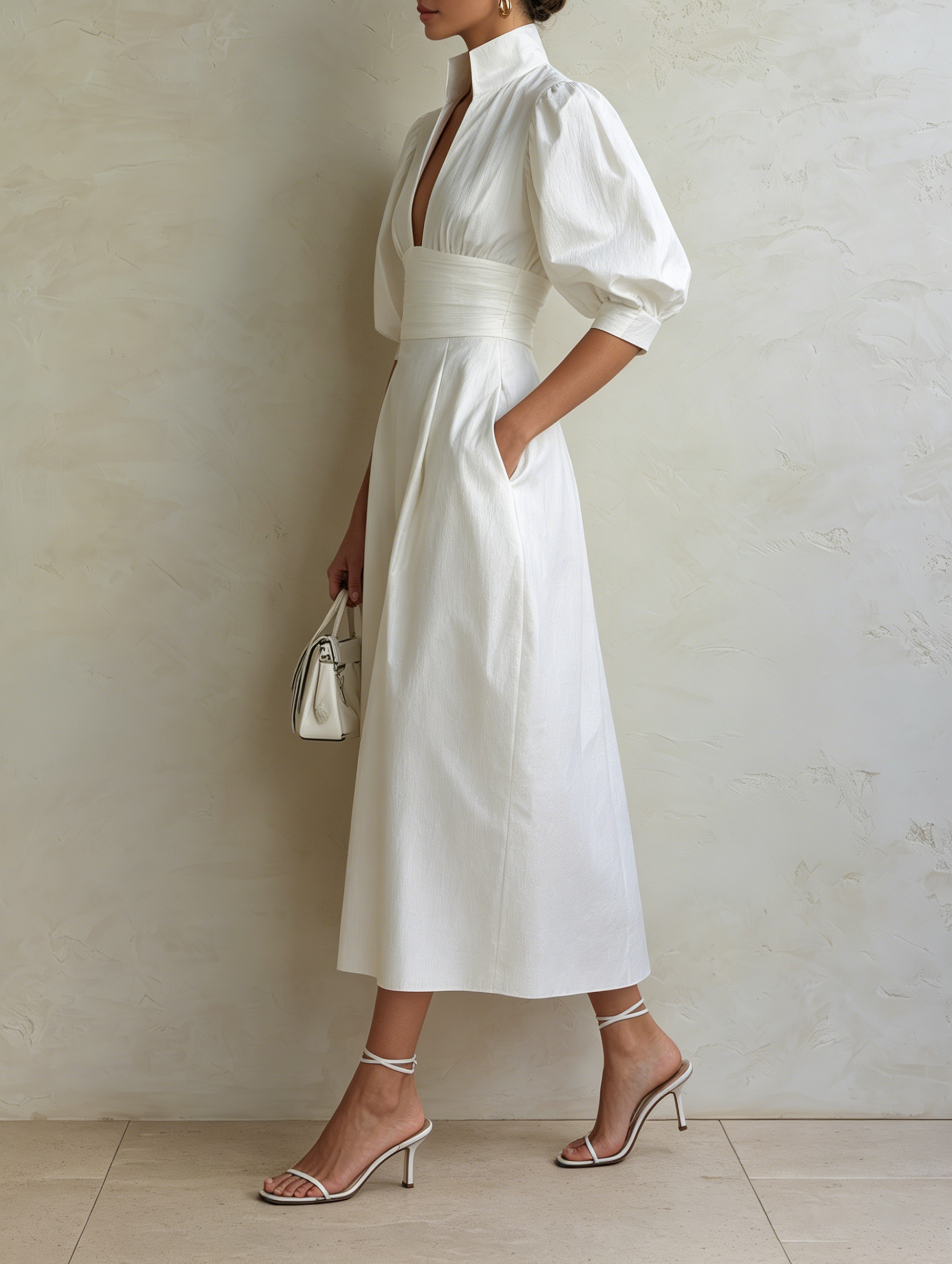 White High-Neck Puff Sleeve Midi Dress